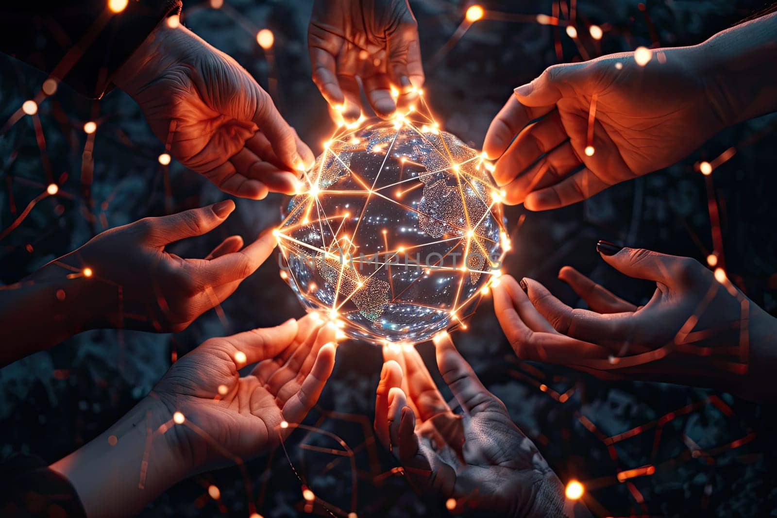 Multiple hands, each representing a different department or project, reach towards a central glowing sphere representing a shared resource pool.