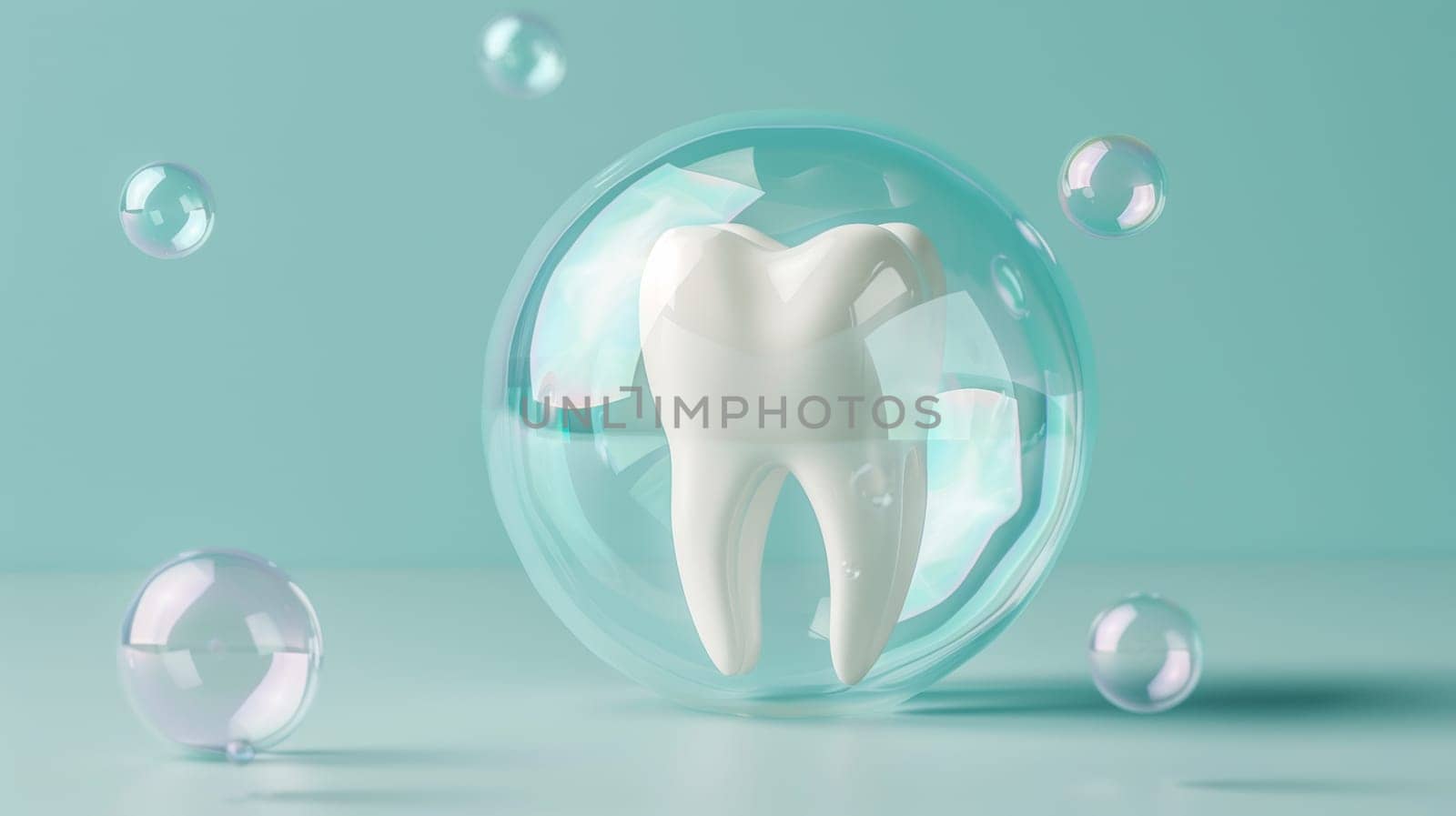 Tooth encased in a bubble with smaller bubbles floating around on a teal background. Dental hygiene and cleanliness concept.