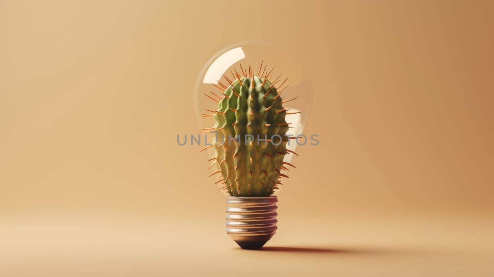 Cactus inside a light bulb on beige background, creative concept.