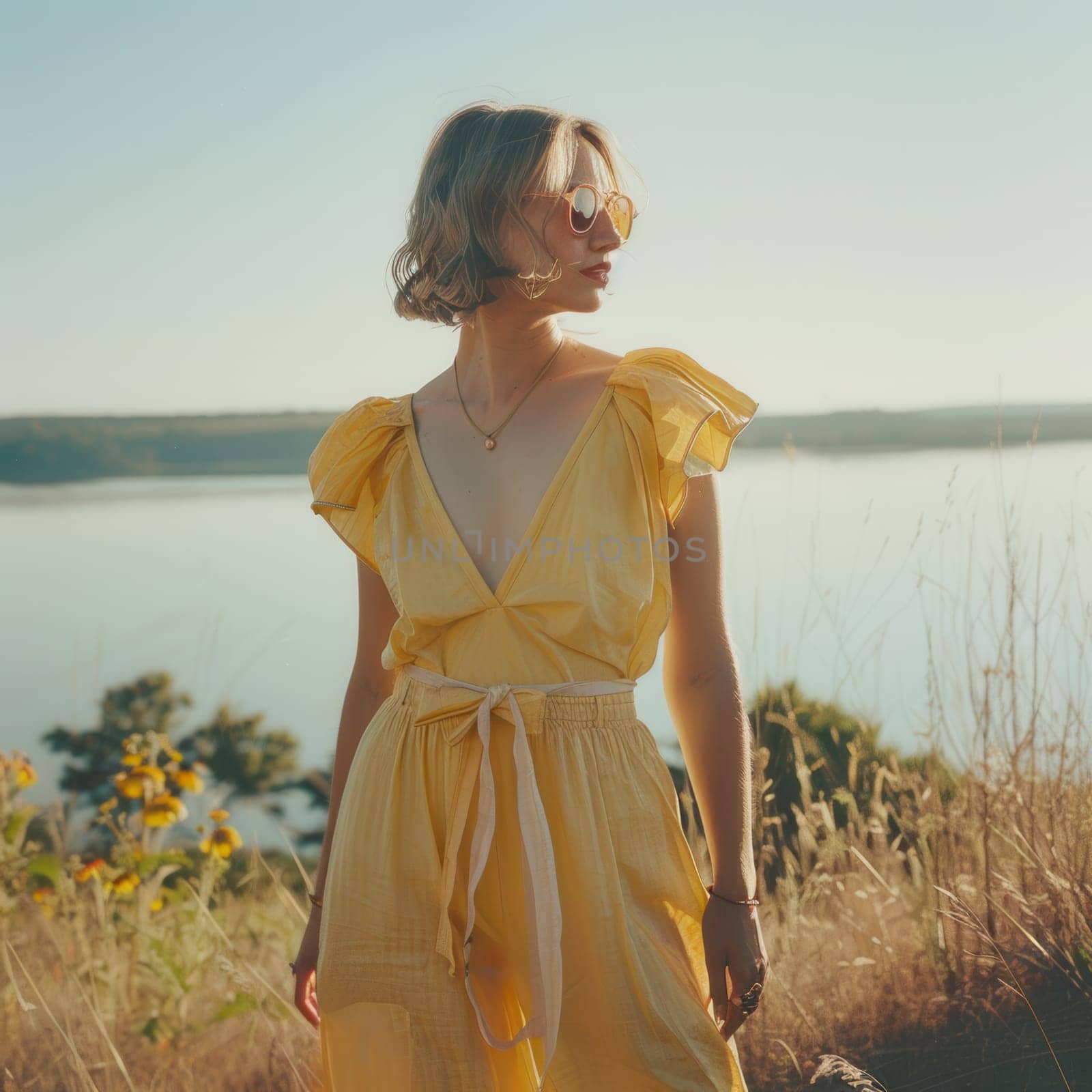 A woman stands by the water, wearing a yellow summer outfit, basking in the sun on a beautiful day surrounded by nature.