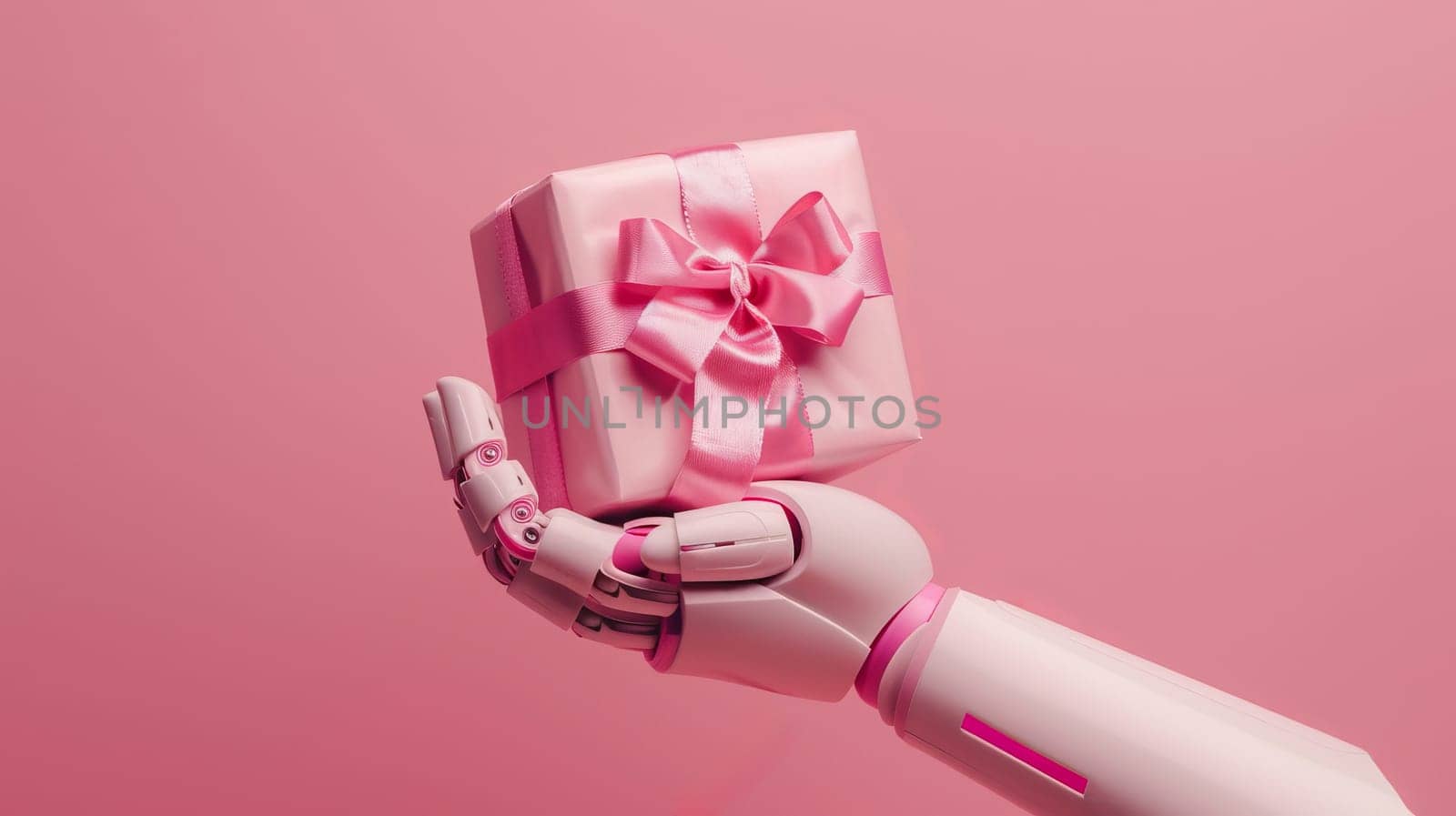 Robot hand holding a gift box with pink ribbon on pink background. Modern technology and celebration concept.