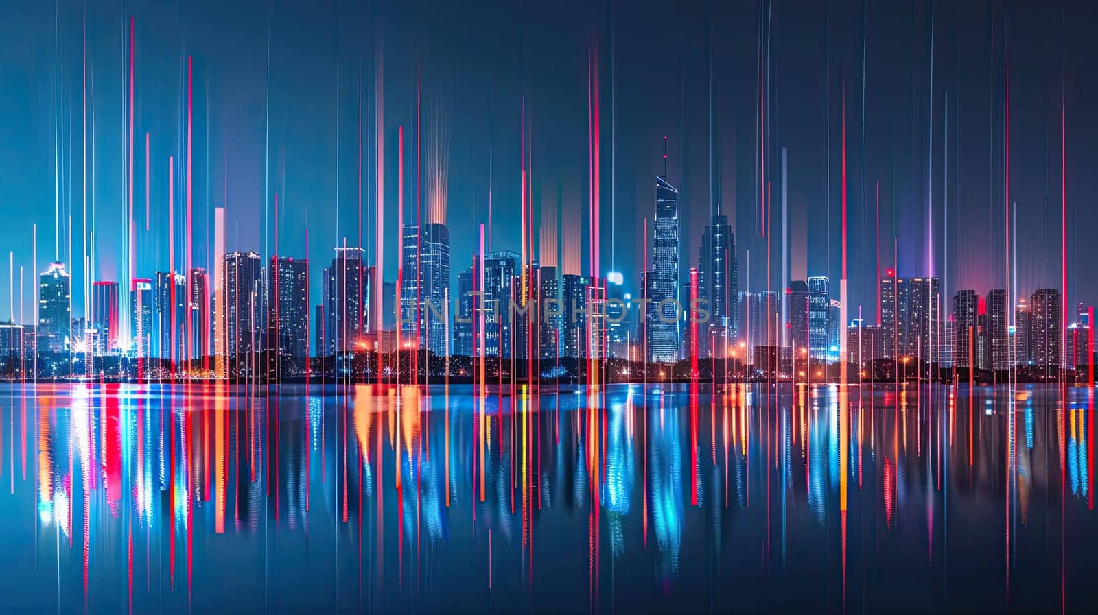 City Skyline Illuminated by Glowing Lines Representing Project Prioritization and Impact, Urban Resource Allocation.