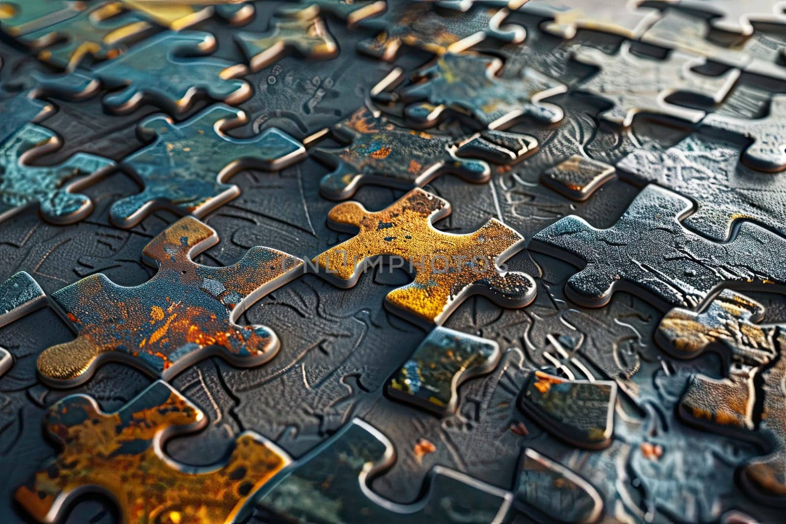 A puzzle, with pieces representing resources, is gradually assembled within a grid framework. The final piece, representing completion.