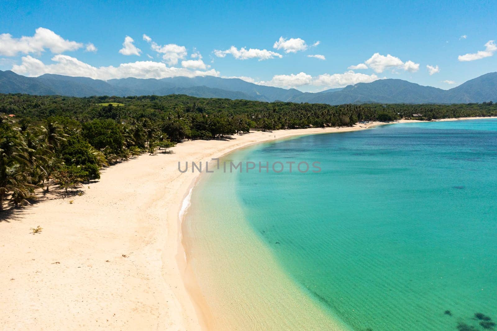 Beautiful beach, palm trees by turquoise water view from above. Pagudpud, Ilocos Norte Philippines