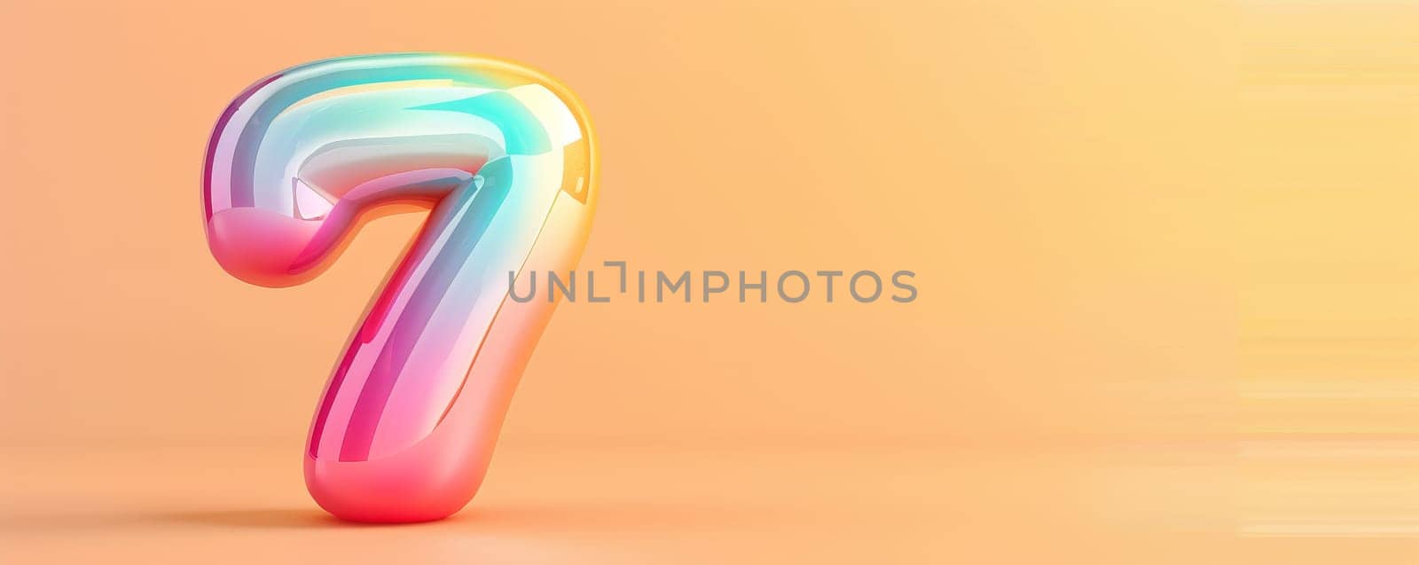 Colorful 3D balloon number 7 seven against gradient orange background.