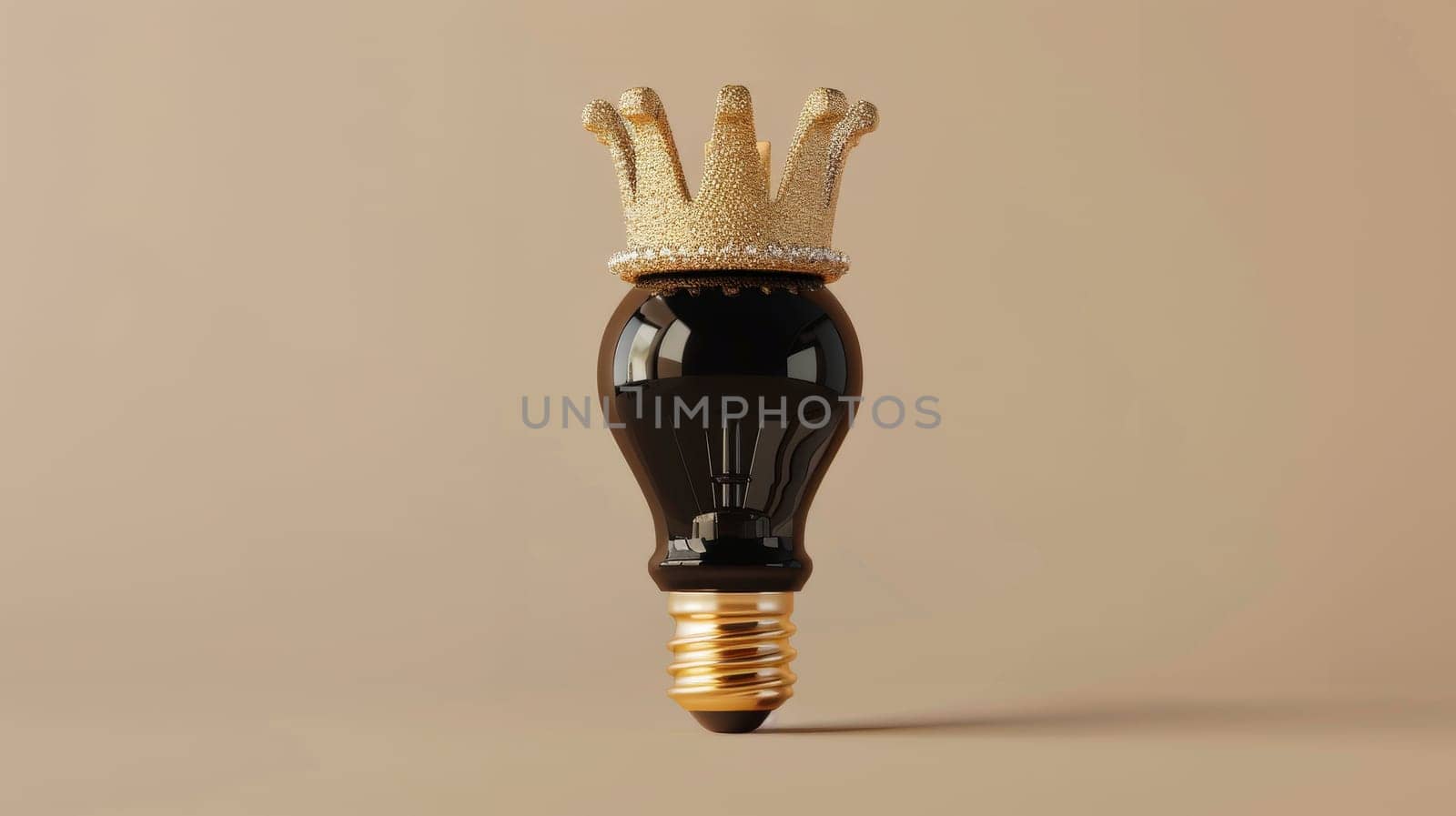 Black light bulb with golden crown on beige background, creative idea concept.
