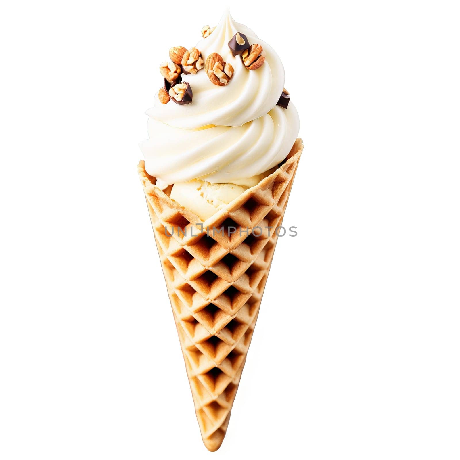 Rice milk ice cream in a waffle cone dipped in dark chocolate and rolled in. Milk product isolated on transparent background