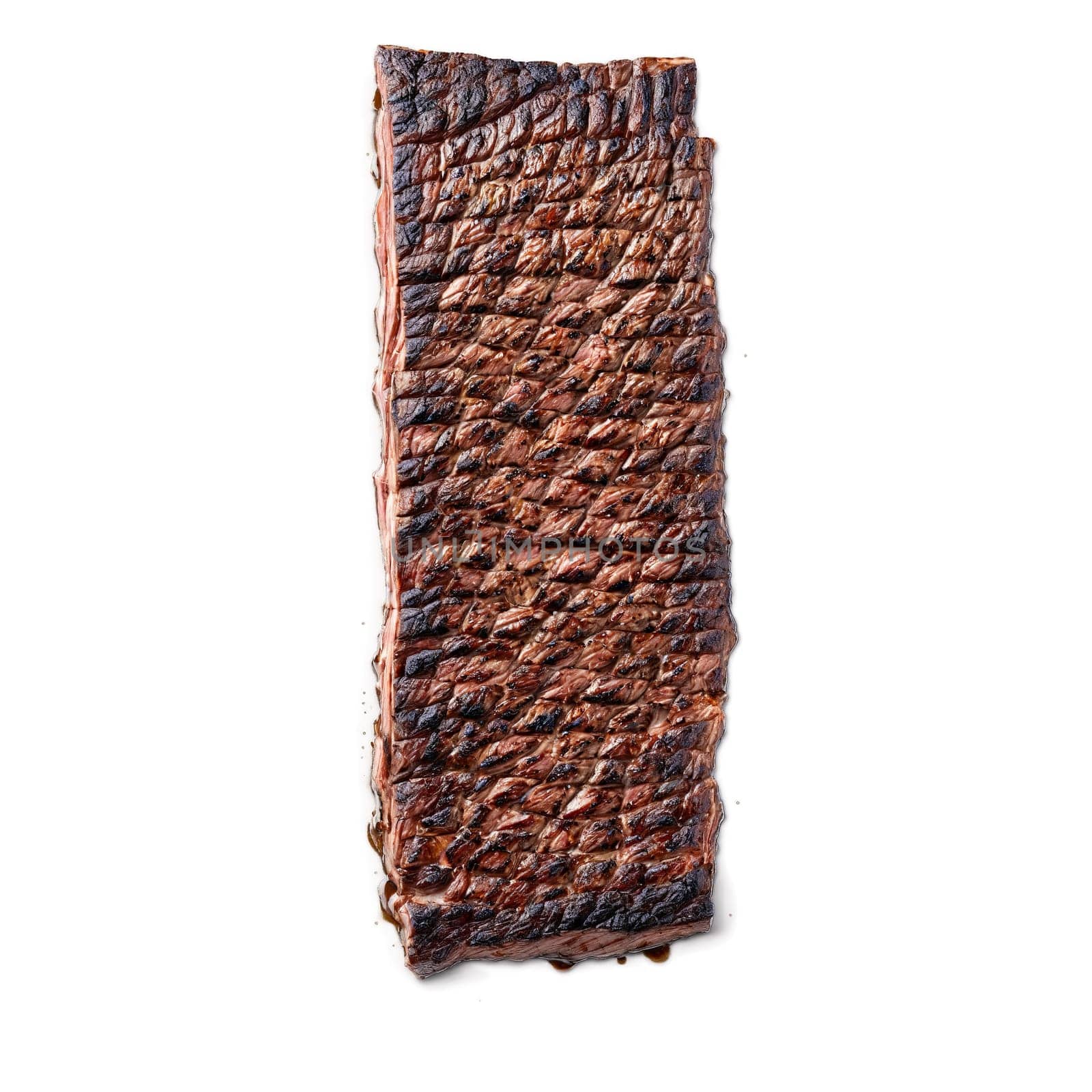 Grilled skirt steak with sear marks floating and steaming Food and culinary concept. Food isolated on transparent background.