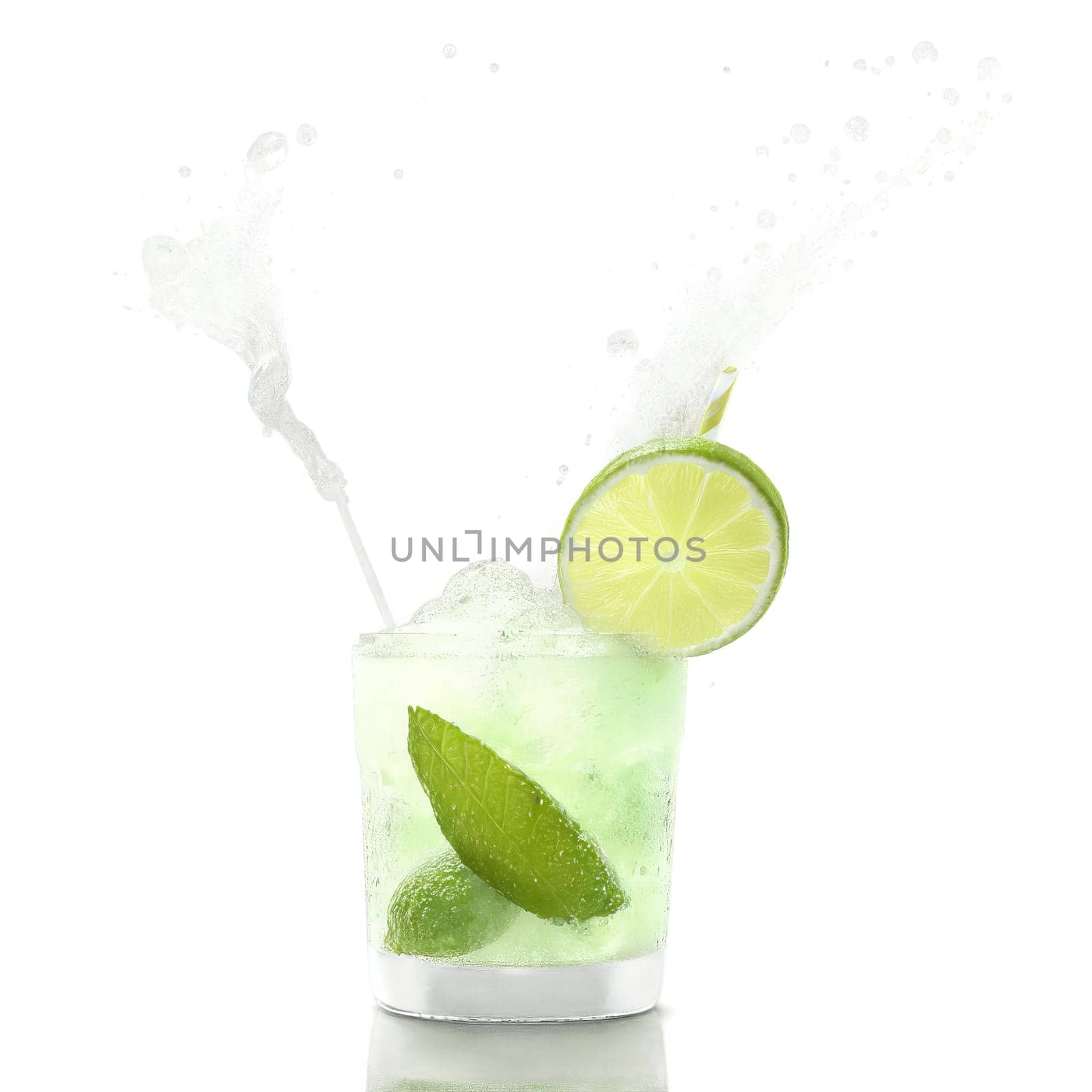 Frozen mojito slushy and minty with lime wedges and rum droplets swirling in a Cub. Food isolated on transparent background.