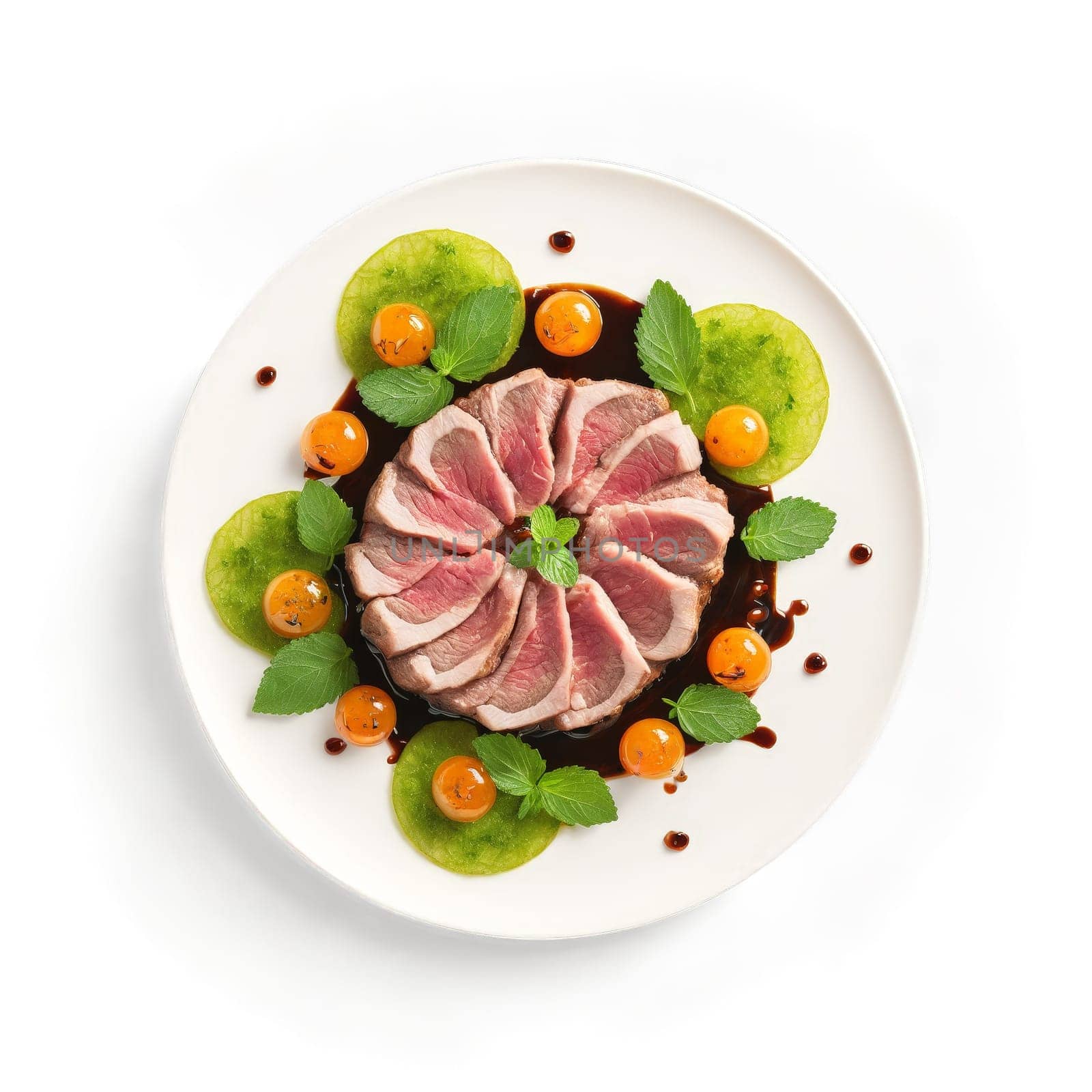 Lamb loin lean and tender with mint jelly and balsamic vinegar dancing in a British. Food isolated on transparent background.