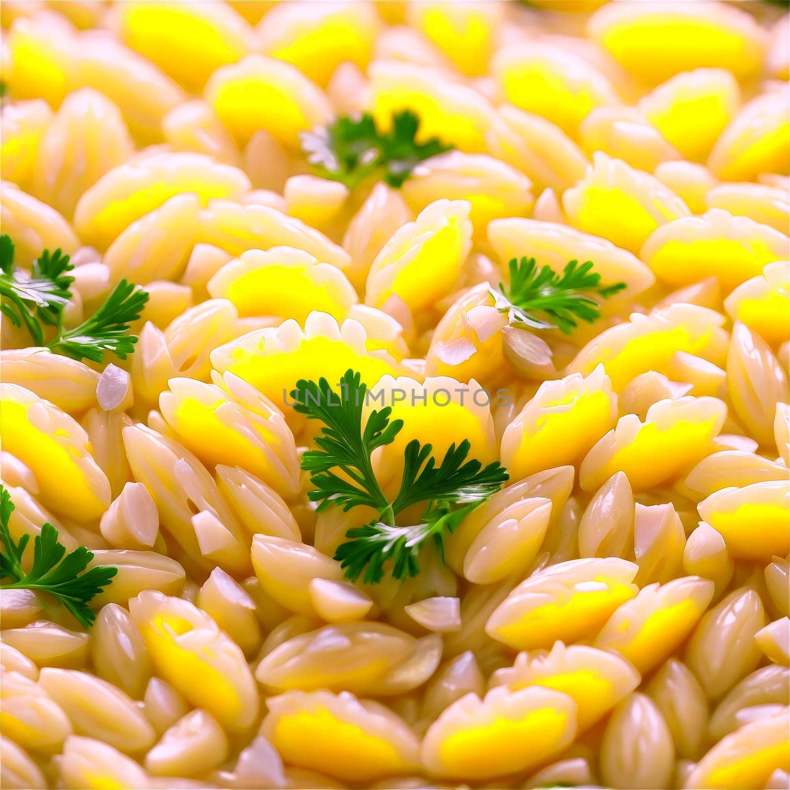 Creamy garlic Parmesan orzo al dente butter Parmesan cheese parsley steaming Culinary and Food concept. Food isolated on transparent background