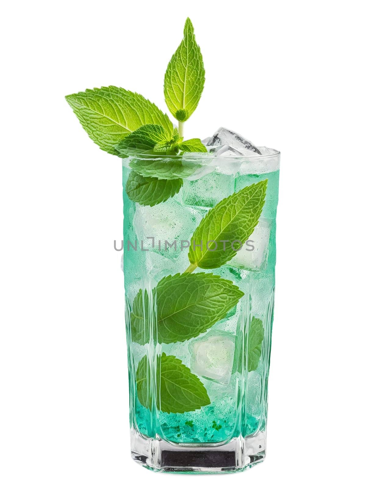 Cambodian Sra Sach Ang in tall glass garnished with few ice cubes and sprig. Drink isolated on transparent background.