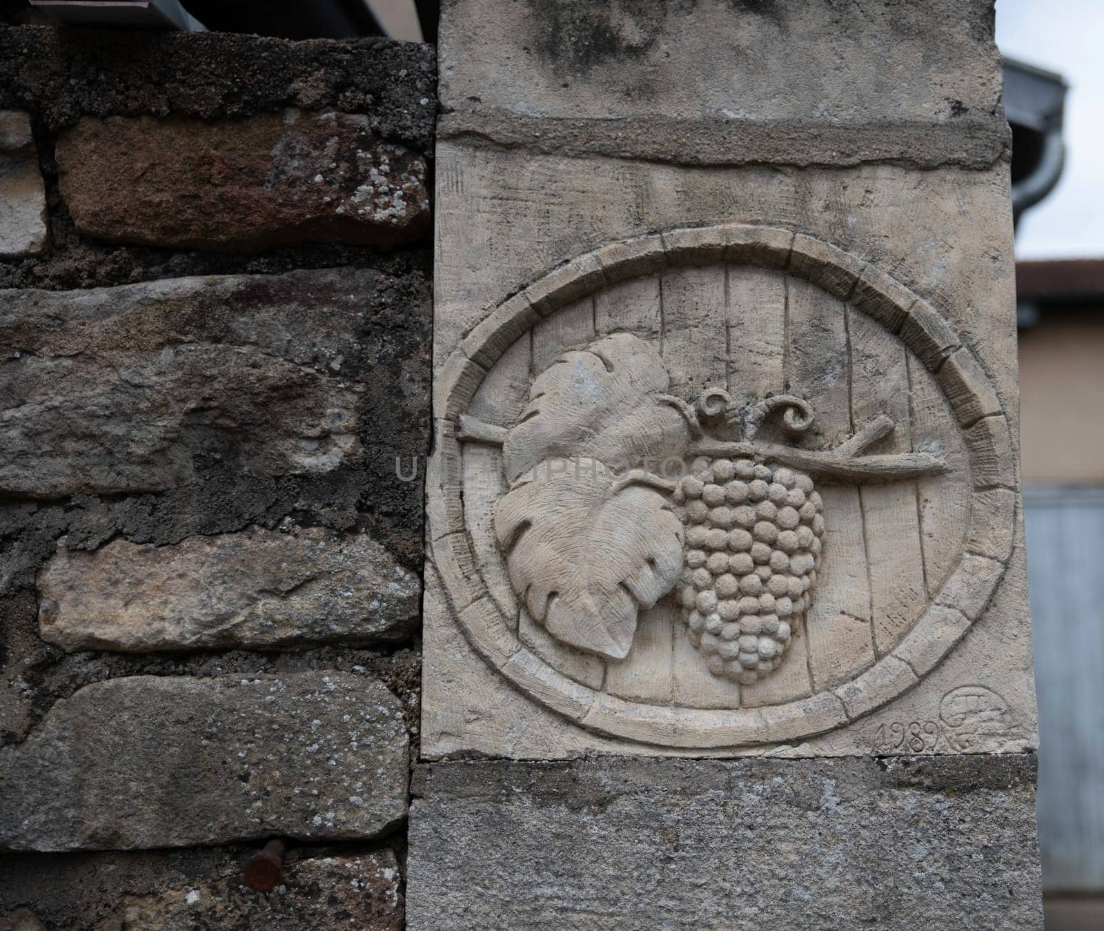 engraving of a bunch of grapes with vine and leaves on a wall