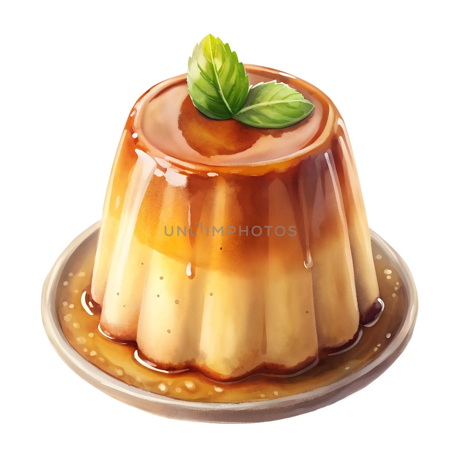 A delightful flan showcasing a golden caramel glaze, served on a white plate, garnished with fresh mint leaves.