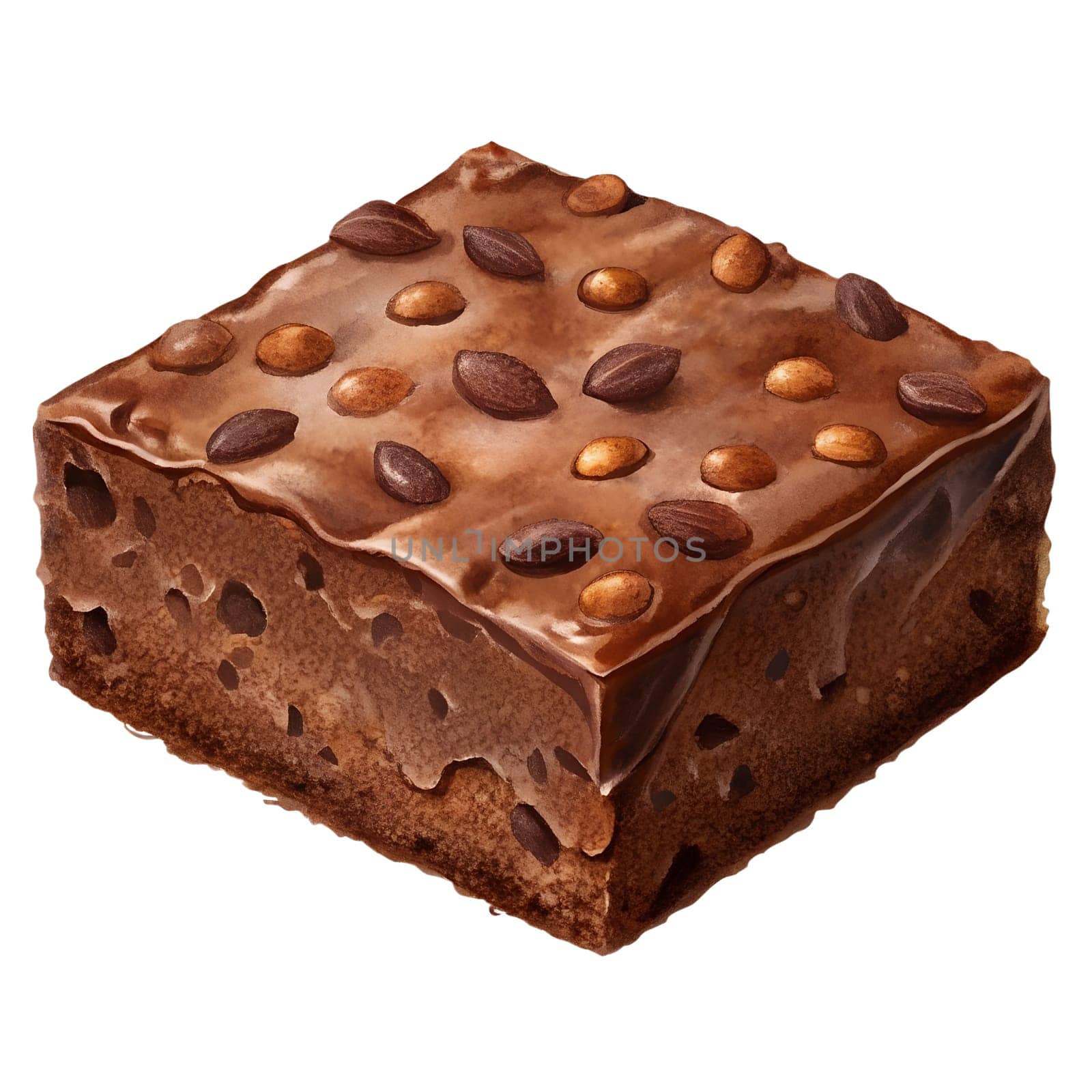 A rich chocolate brownie is topped with coffee beans, presenting a tempting treat in a warm cafe ambiance.