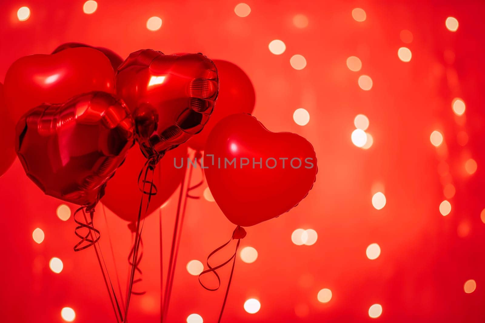 Red heart balloons with shiny bokeh background create a festive romantic celebration for Valentine party