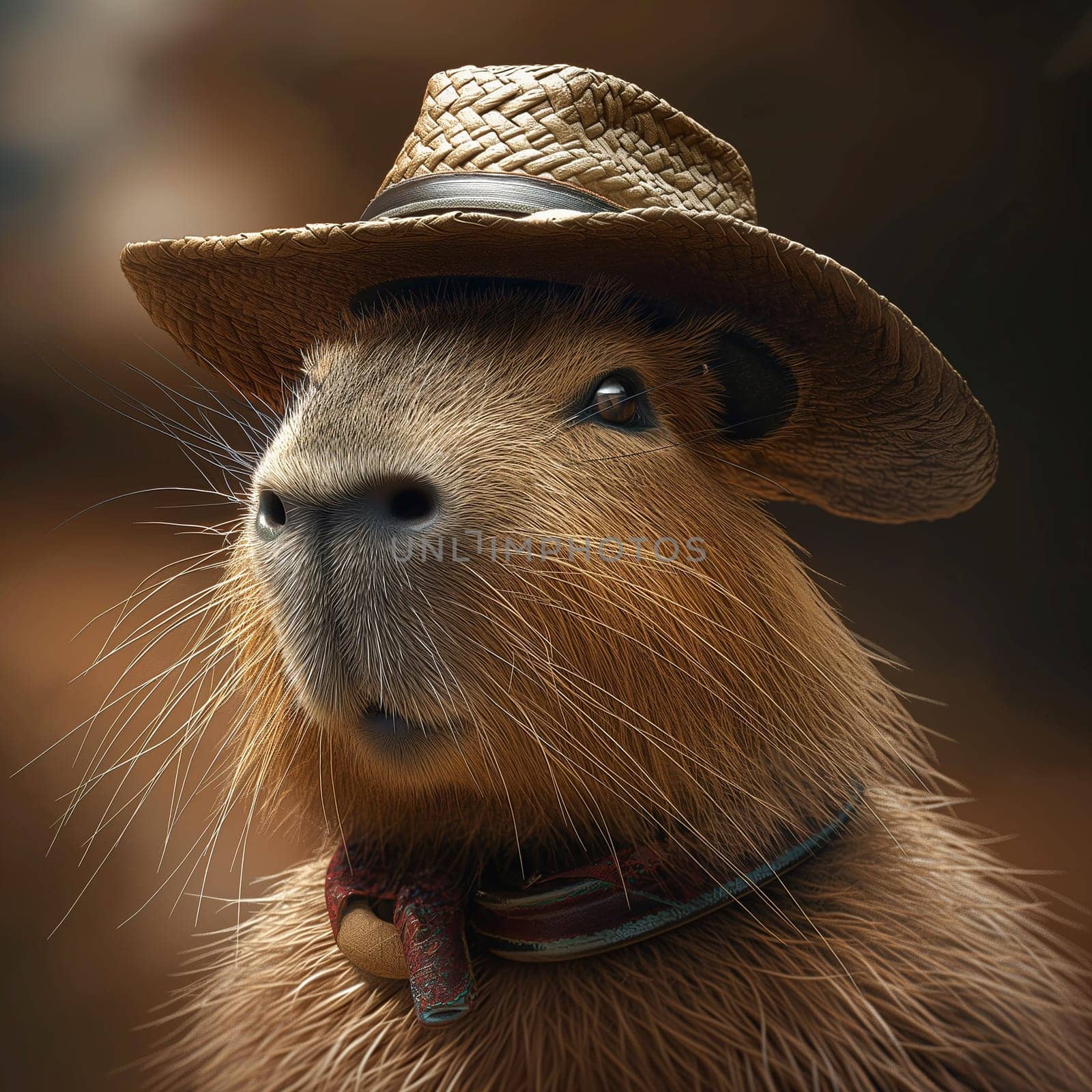 Capybara portrait wearing a straw hat and bandana, showcasing its cute and furry charm