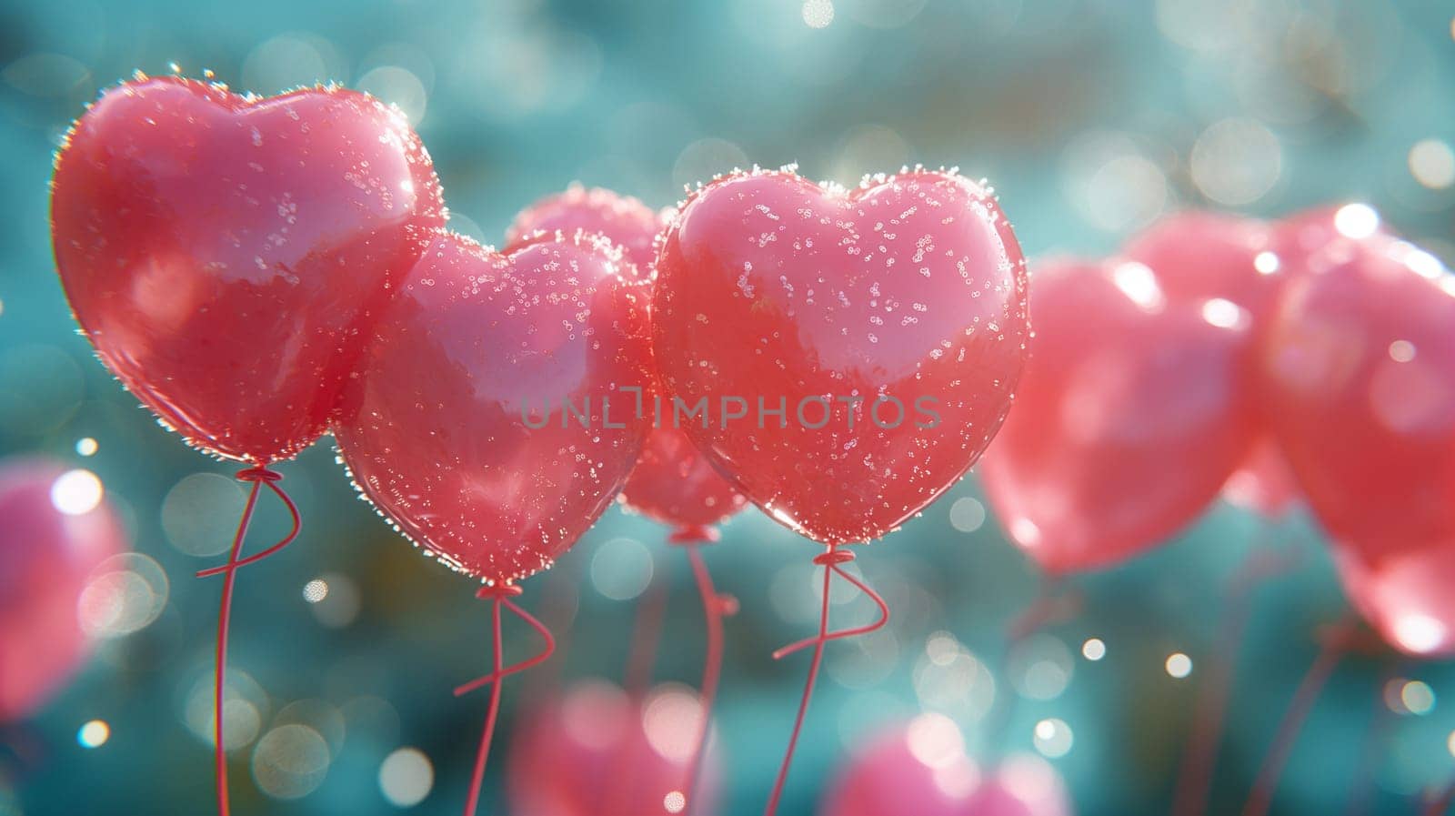 Red heart balloons with sparkle shine create a romantic valentine celebration with bokeh and love