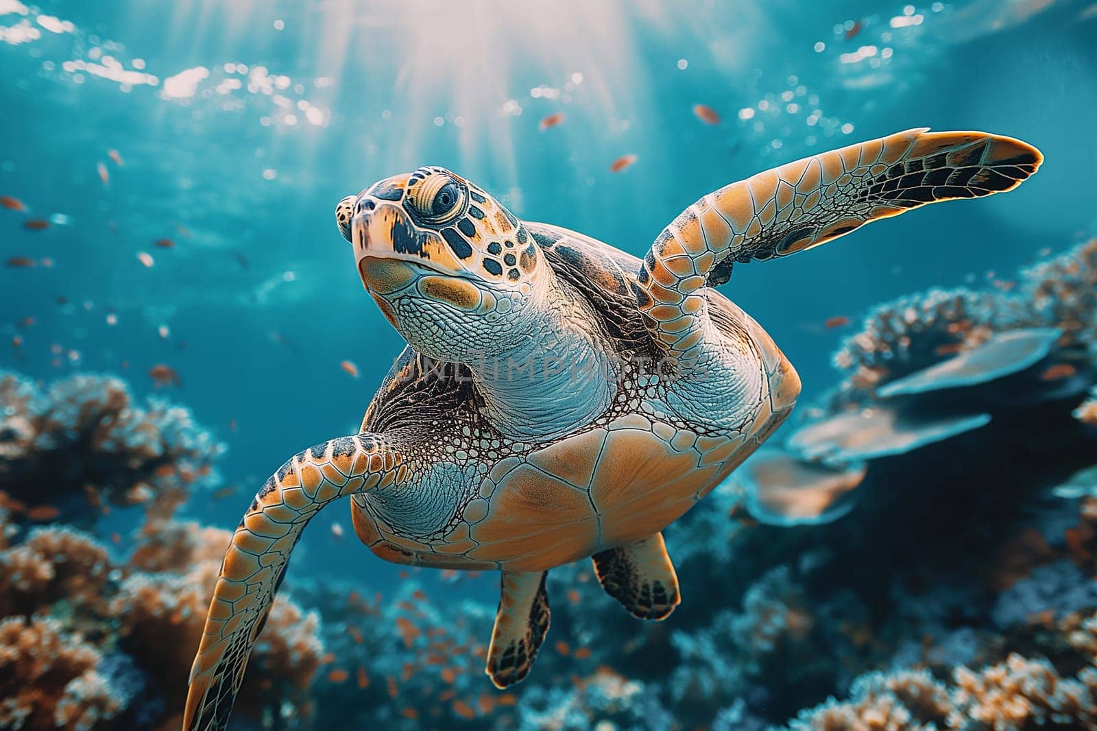 Turtle swimming in vibrant underwater ocean with marine coral and sea creatures