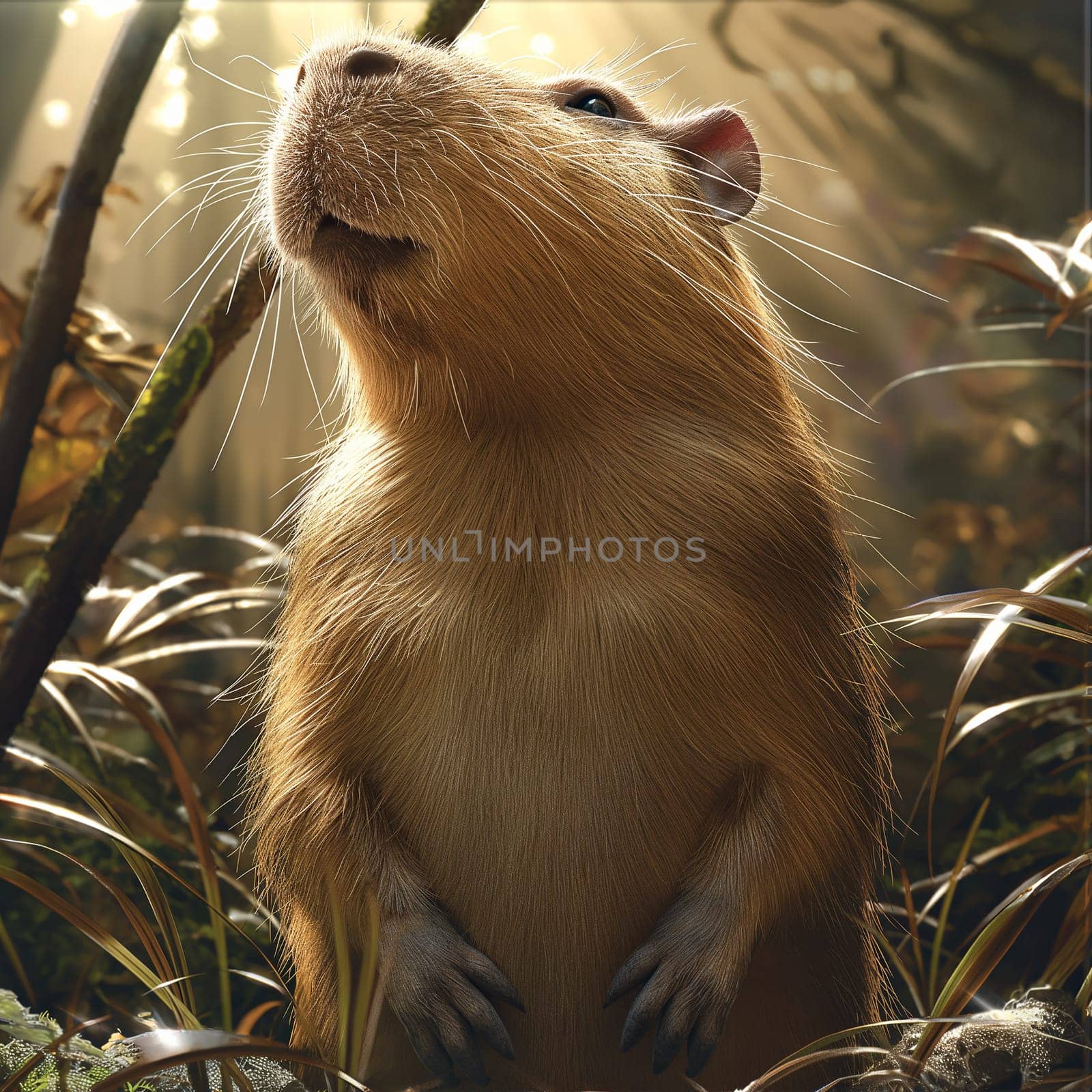 Closeup portrait of a capybara in the forest with sunlight highlighting its fur