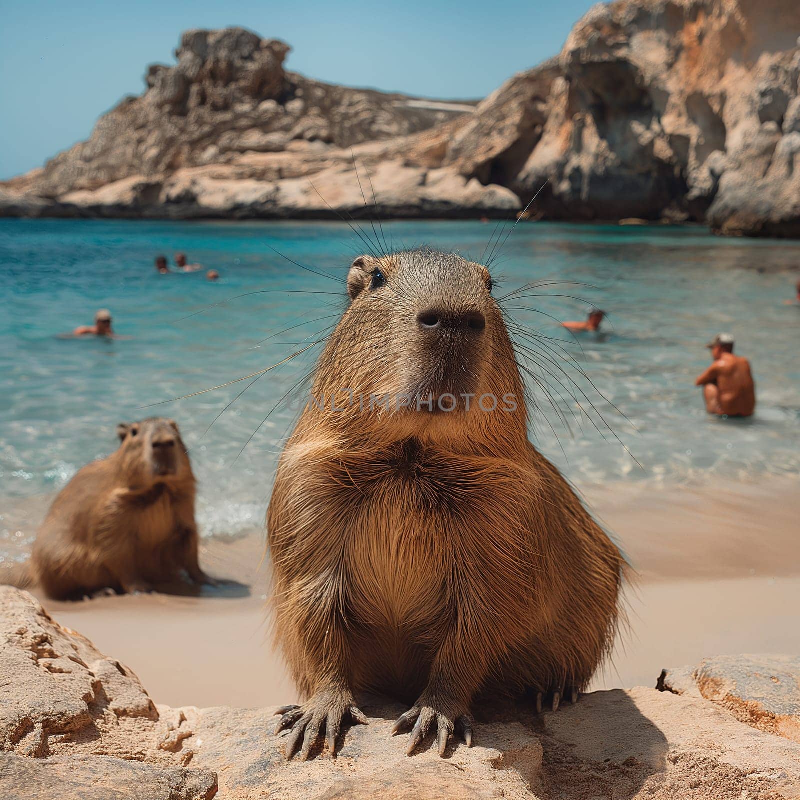 Capybara beach relaxation sun sand ocean rocks leisure wildlife fun nature escape