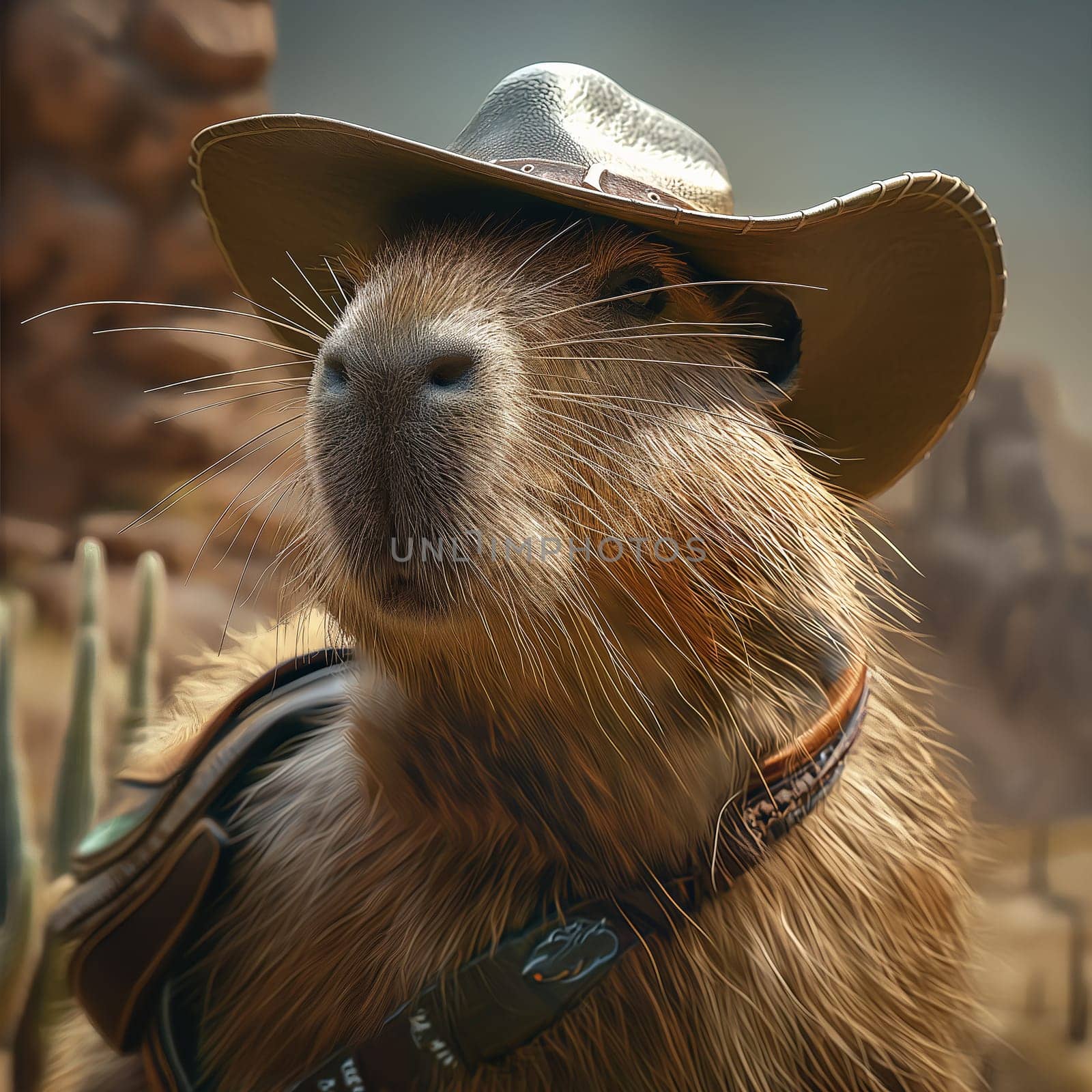 Capybara cowboy wearing a hat in a wild desert nature portrait with cactus and brown fur