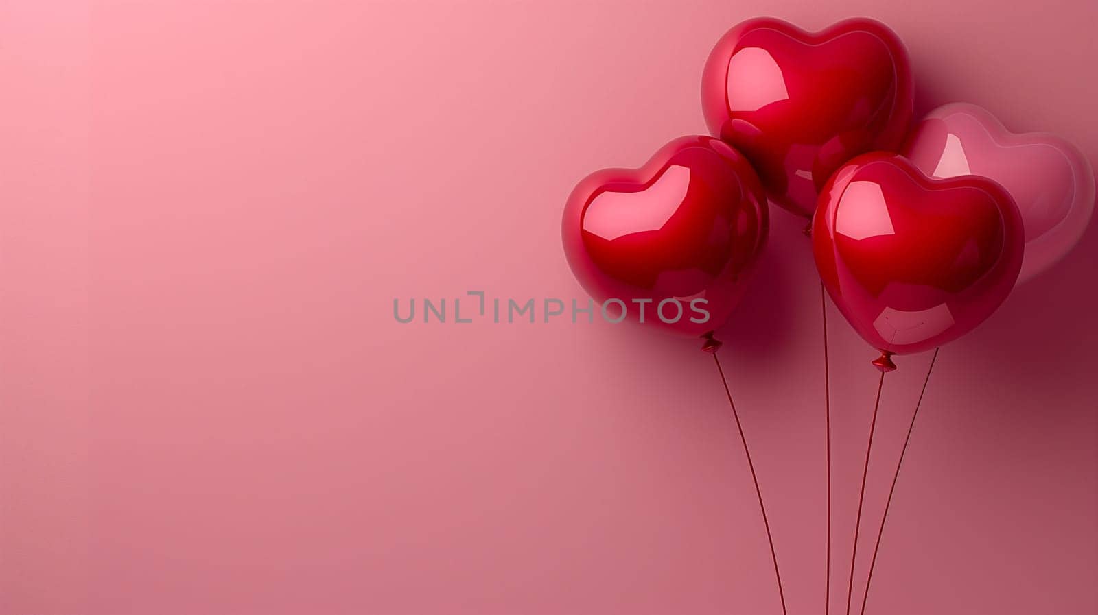 Heart-shaped red balloons floating against a pink background for a romantic Valentine celebration