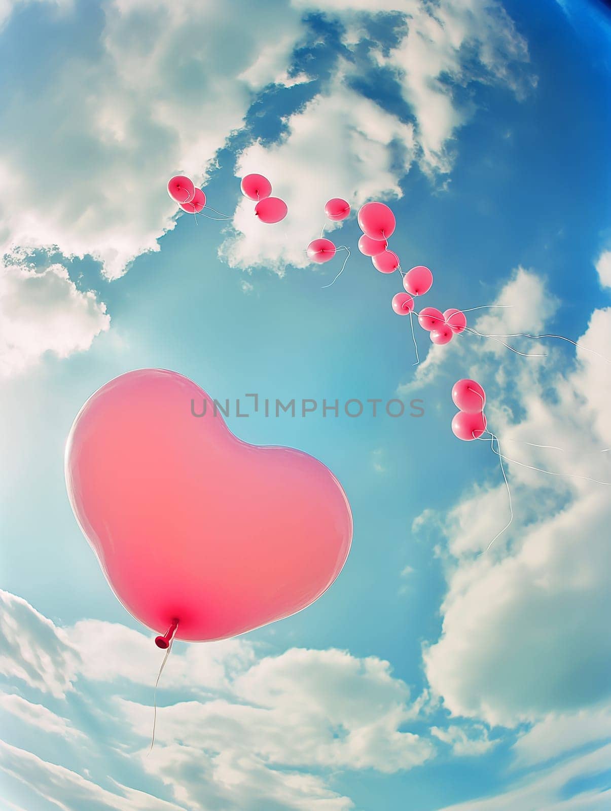 Heart-shaped pink balloons float in a blue sky with clouds, celebrating a cheerful and romantic day