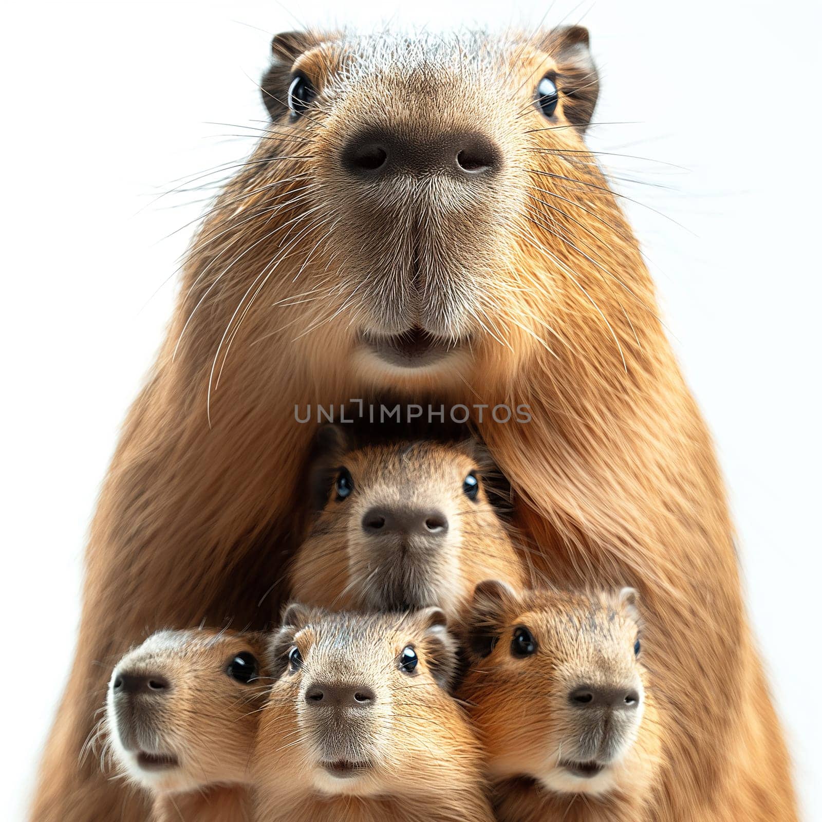 Cute capybara family with baby animals in wildlife setting featuring furry brown rodent together