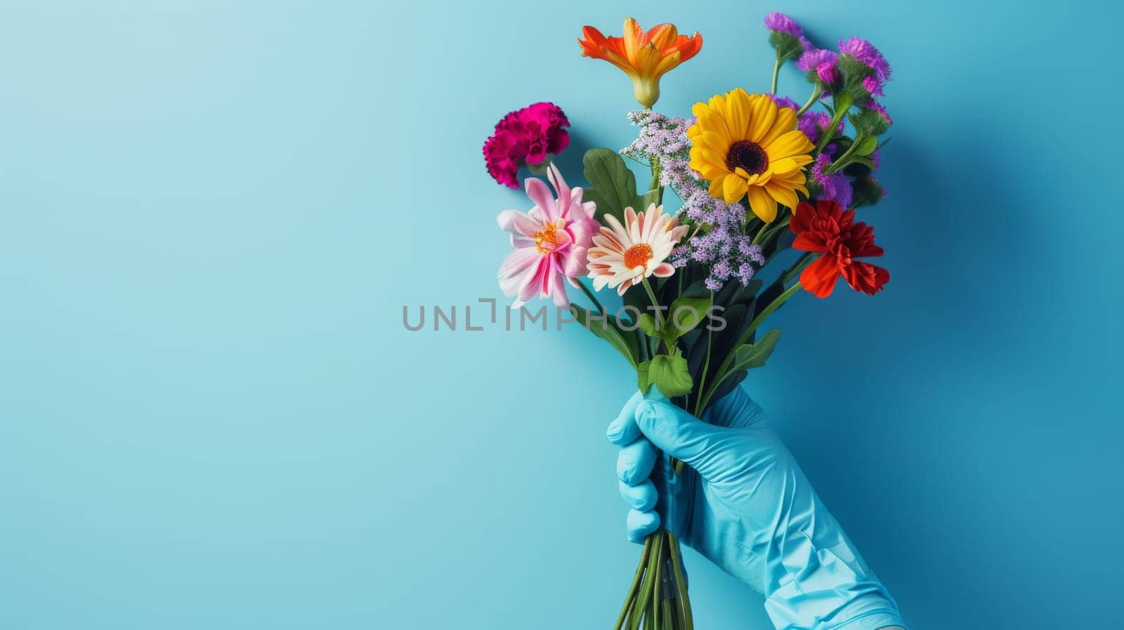 Doctor's hand in blue glove holding a colorful bouquet of various flowers on blue background, concept of hope and gratitude.