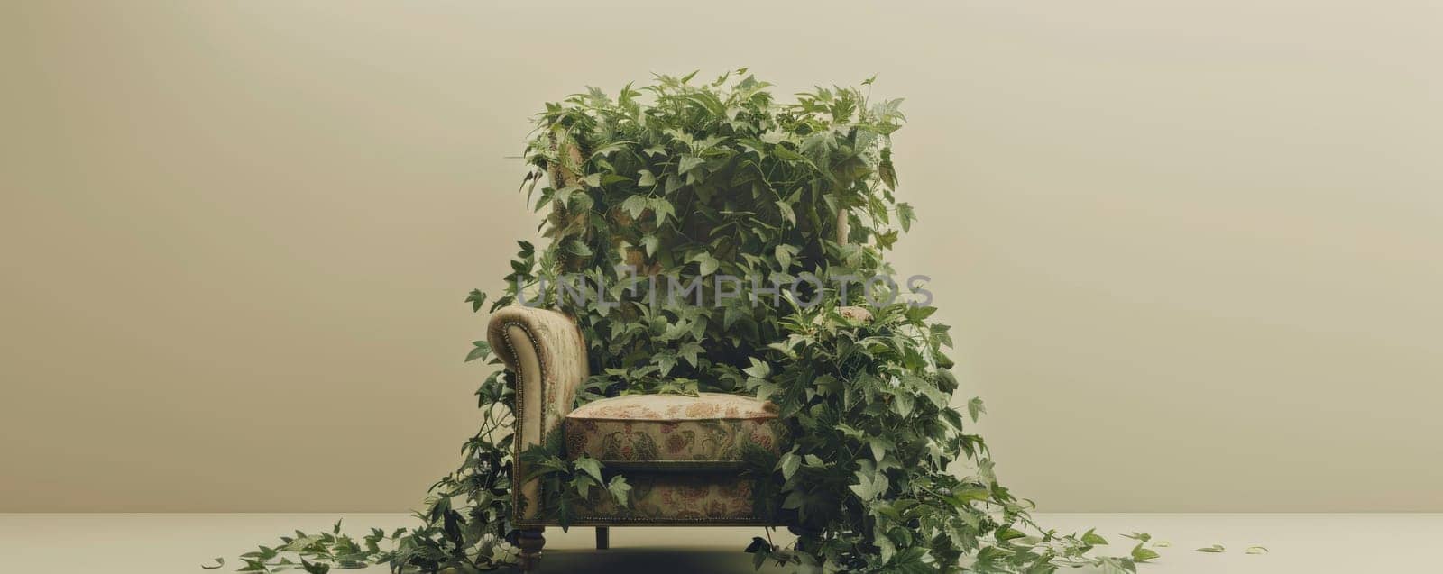 Vintage armchair covered with lush green ivy, minimalist indoor setting.