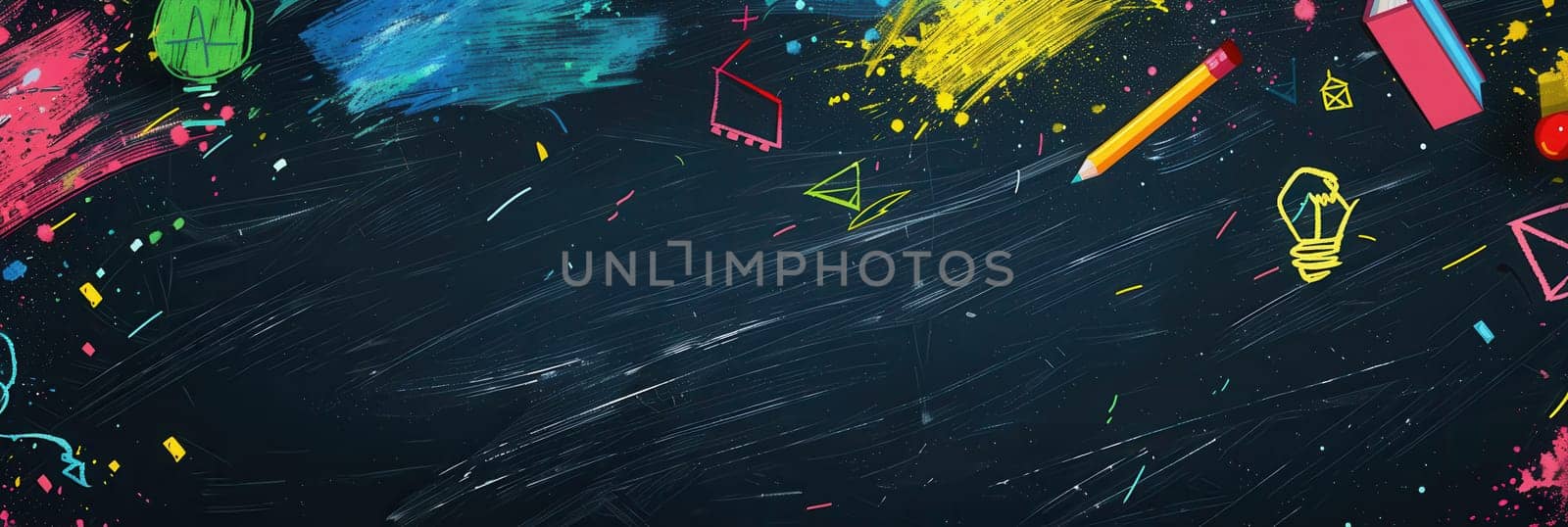 A chalkboard features vibrant brush strokes and intricate drawings of educational tools, enhancing the classroom environment for students.