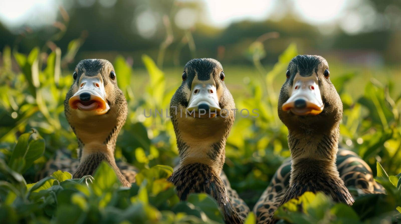 Three ducks in tall green grass, close-up. Wildlife and nature concept.