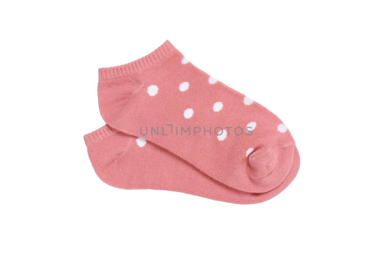 Pink polka dot ankle socks on white background, isolated