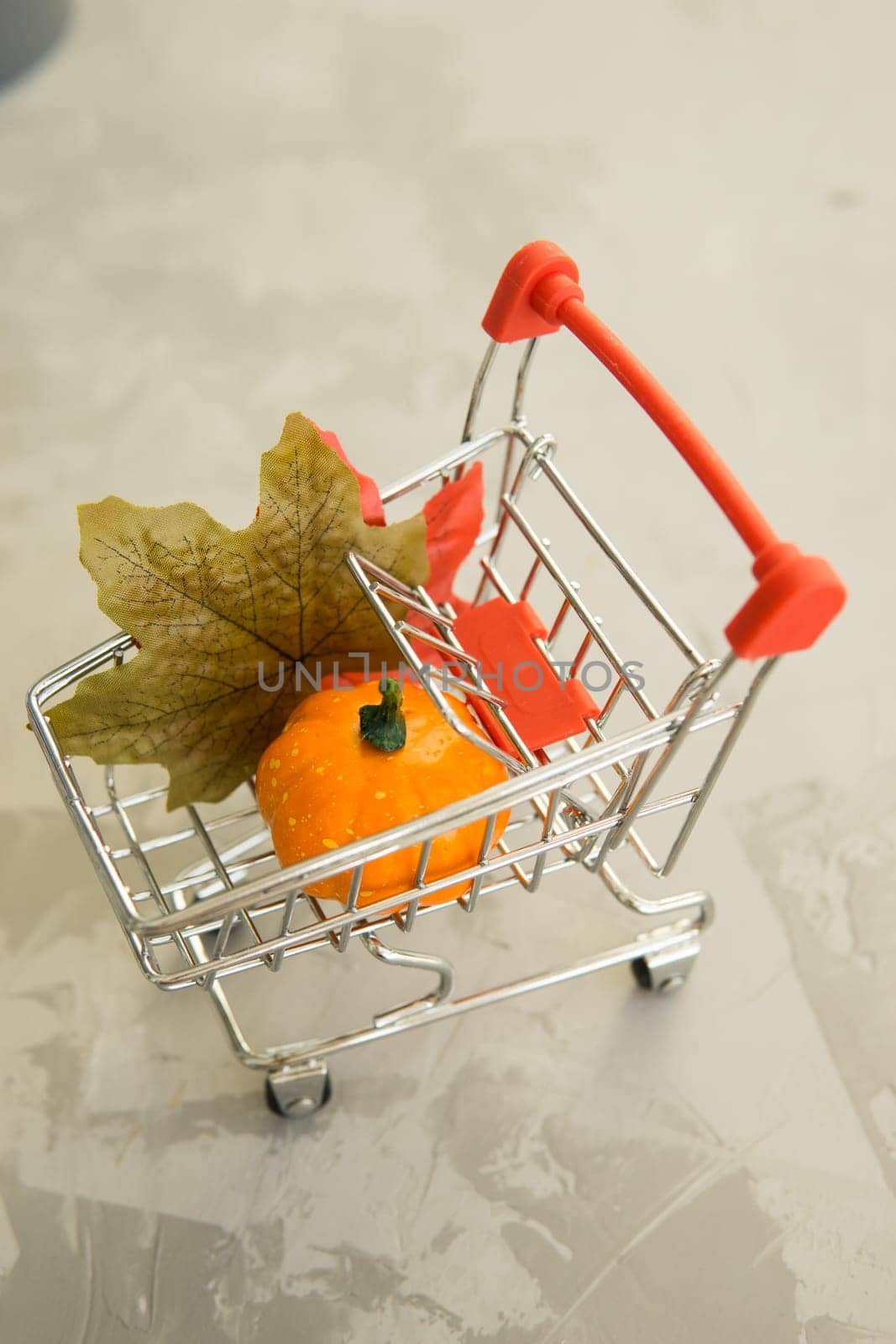 Grocery cart with decorative pumpkins and maple leaves on a concrete background. The concept of the autumn sales. Black Friday and cyber Monday. Space for text.