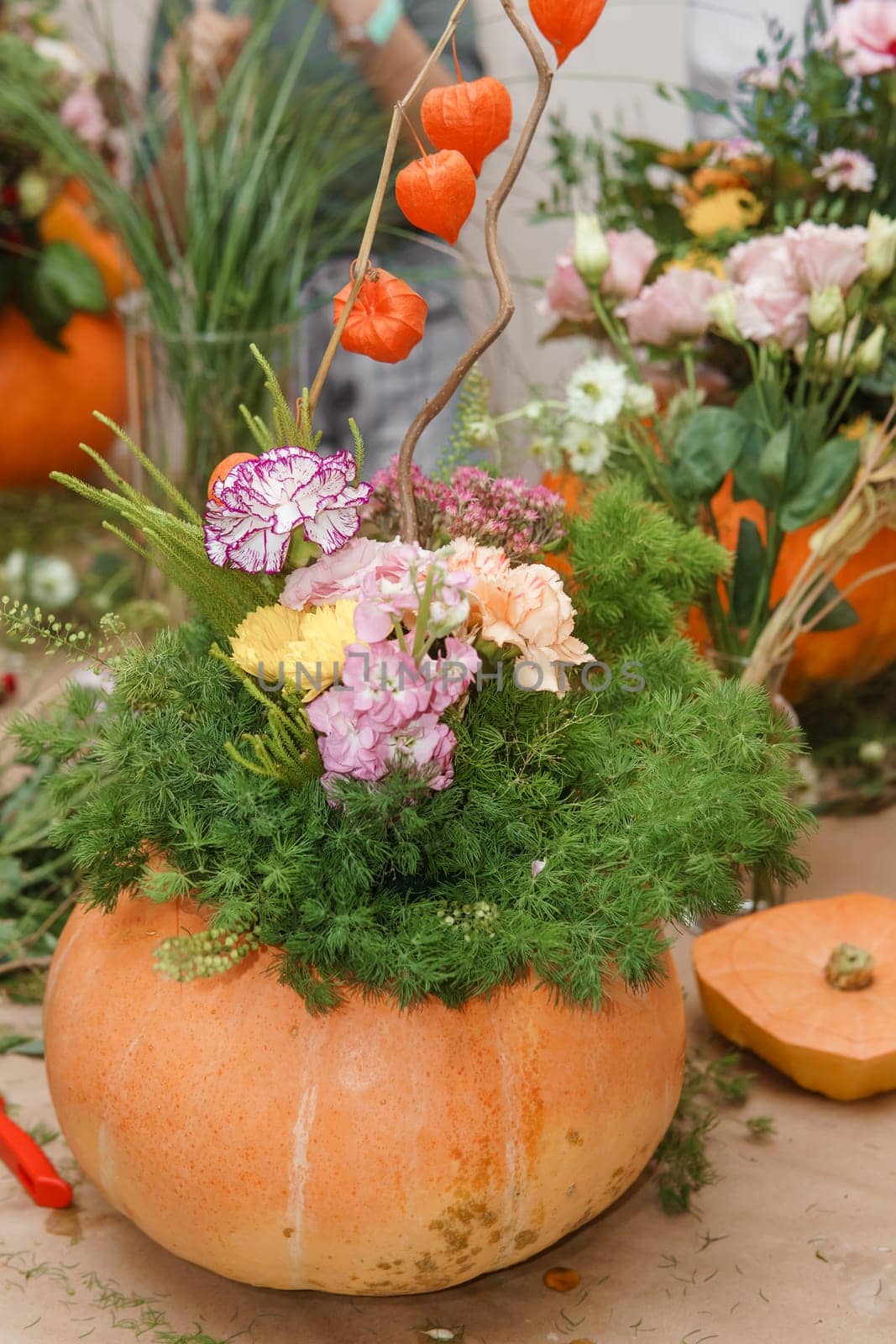 Flower arrangement in a pumpkin, autumn interior decor. Creating handmade autumn decor