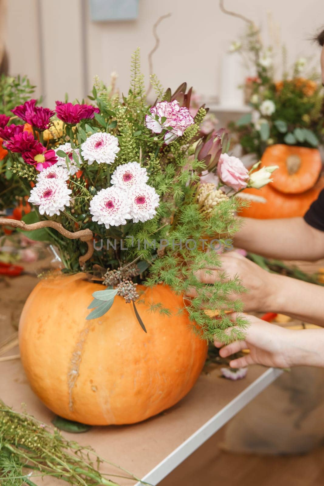 Creating a floral composition in a pumpkin. Making decor with your own hands