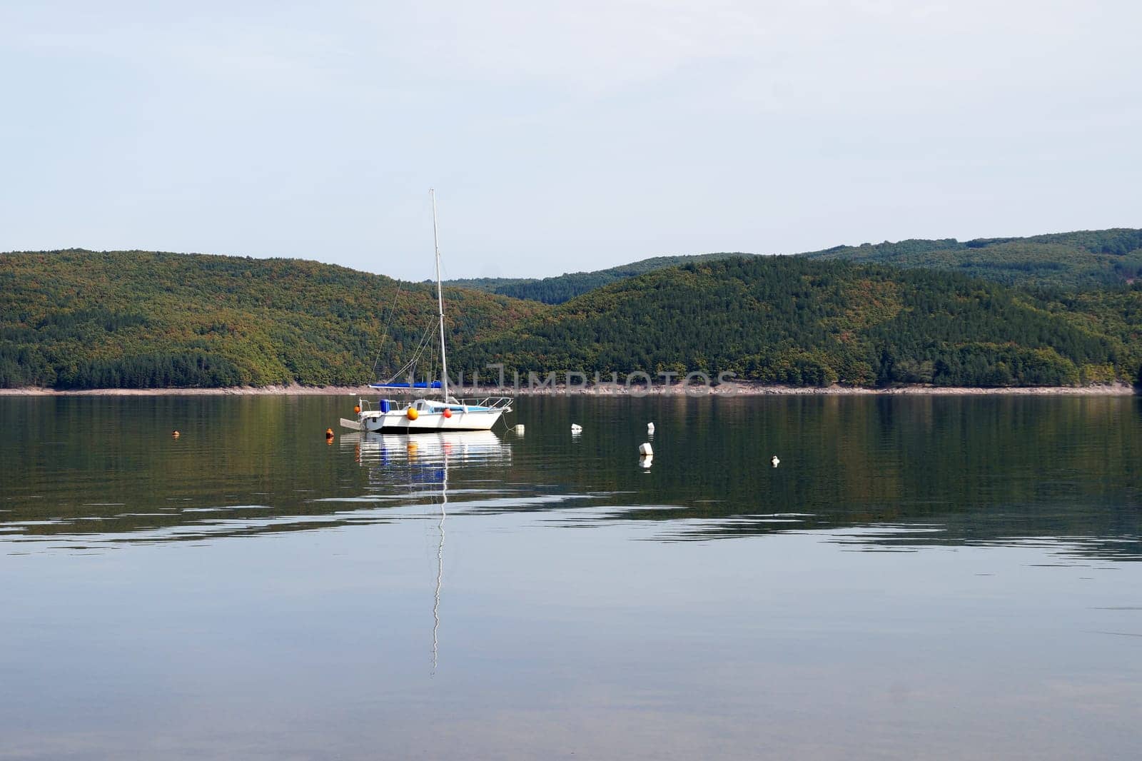 small yacht with lowered sail on a calm forest lake.