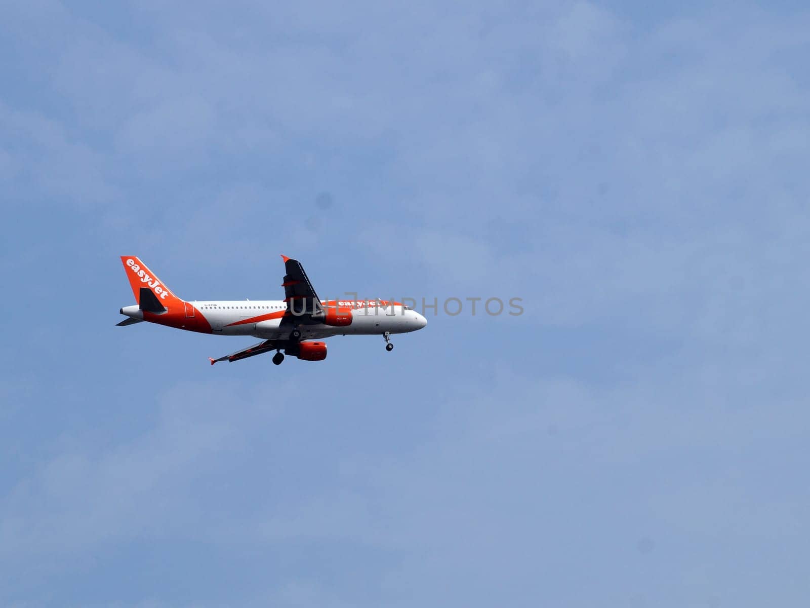 Varna, Bulgaria - September, 28 2021: EasyGet passenger plane in the sky close up