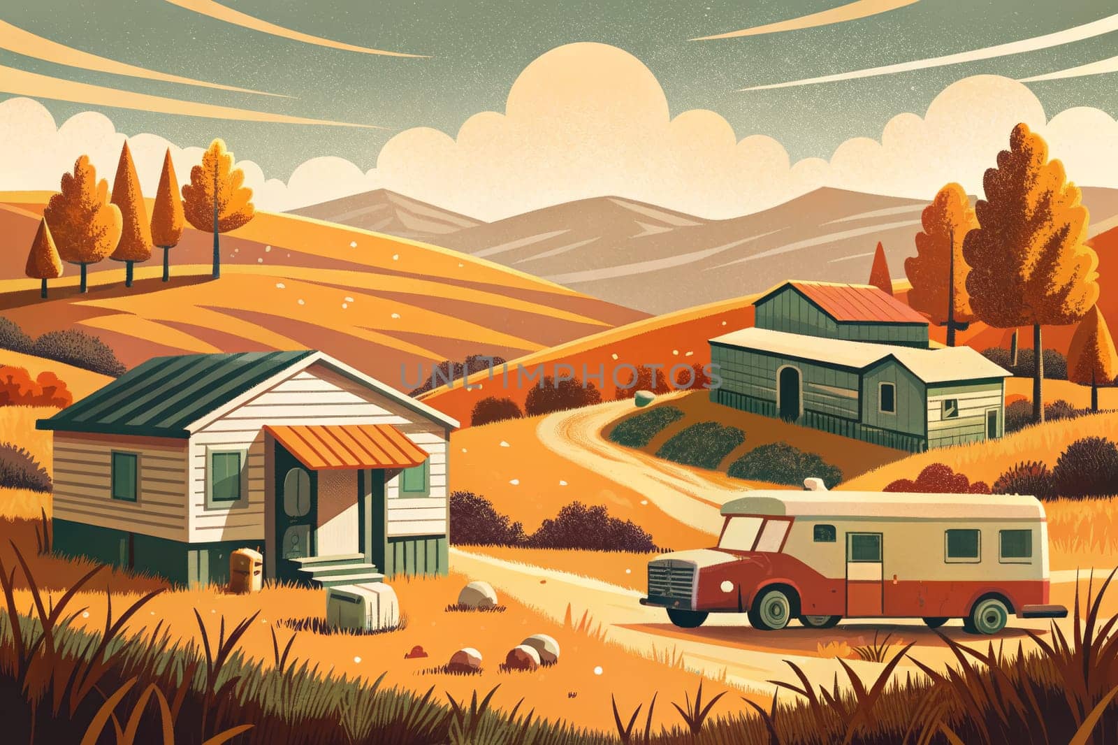 The image depicts a rustic scene with two houses nestled on a hillside in the fall. A faded red bus with a white roof is parked in the foreground, facing away from the viewer, with a dirt road leading to the houses. Orange and yellow foliage is scattered around the houses and bus. The sky is a soft pink and orange, with clouds scattered across the horizon.
