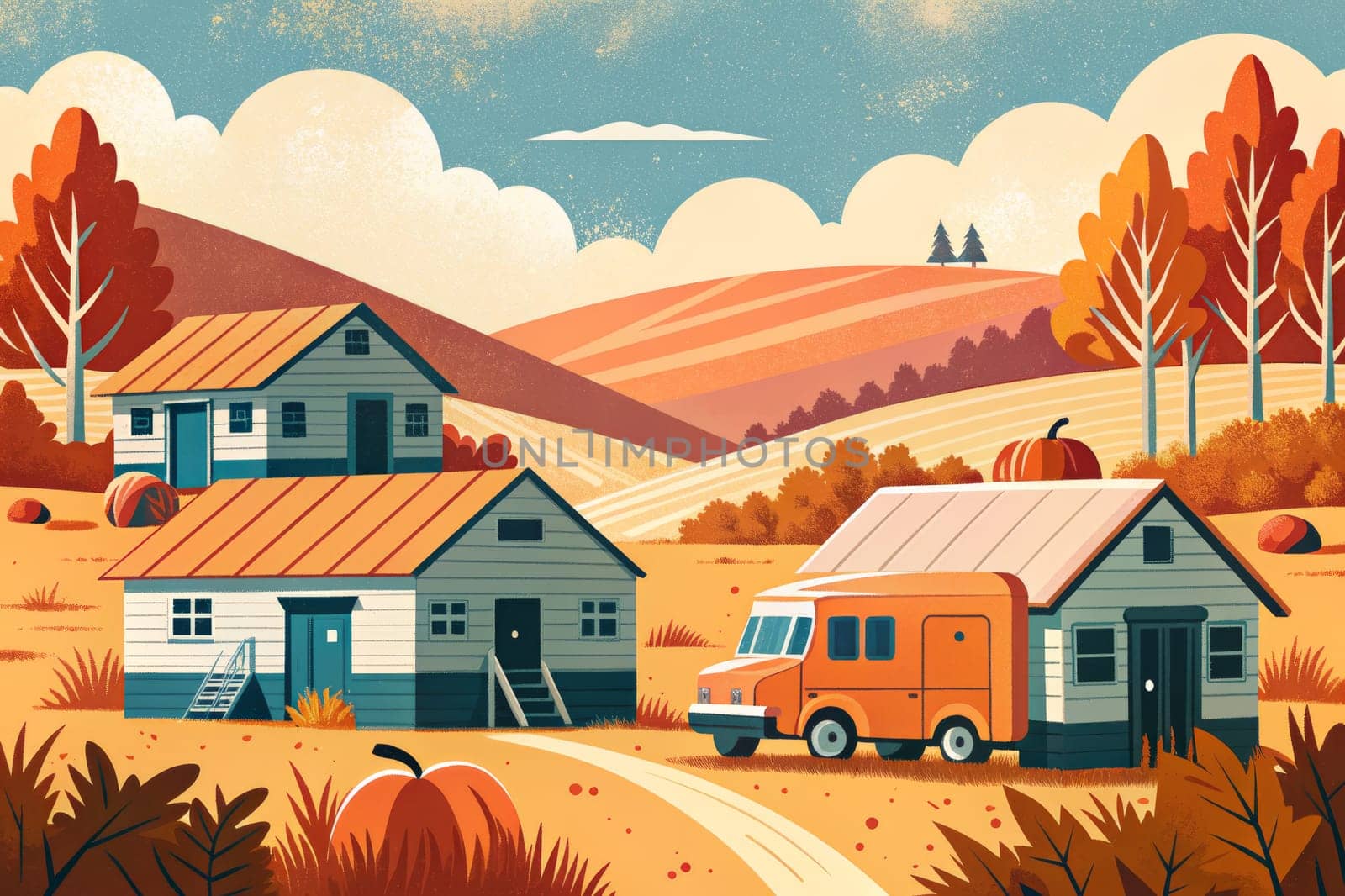 A picturesque scene unfolds in the countryside, showcasing a charming collection of homes nestled amongst rolling hills. The vibrant hues of autumn paint the landscape, with trees sporting warm shades of orange and yellow, while pumpkins dot the foreground, adding a touch of seasonal charm.