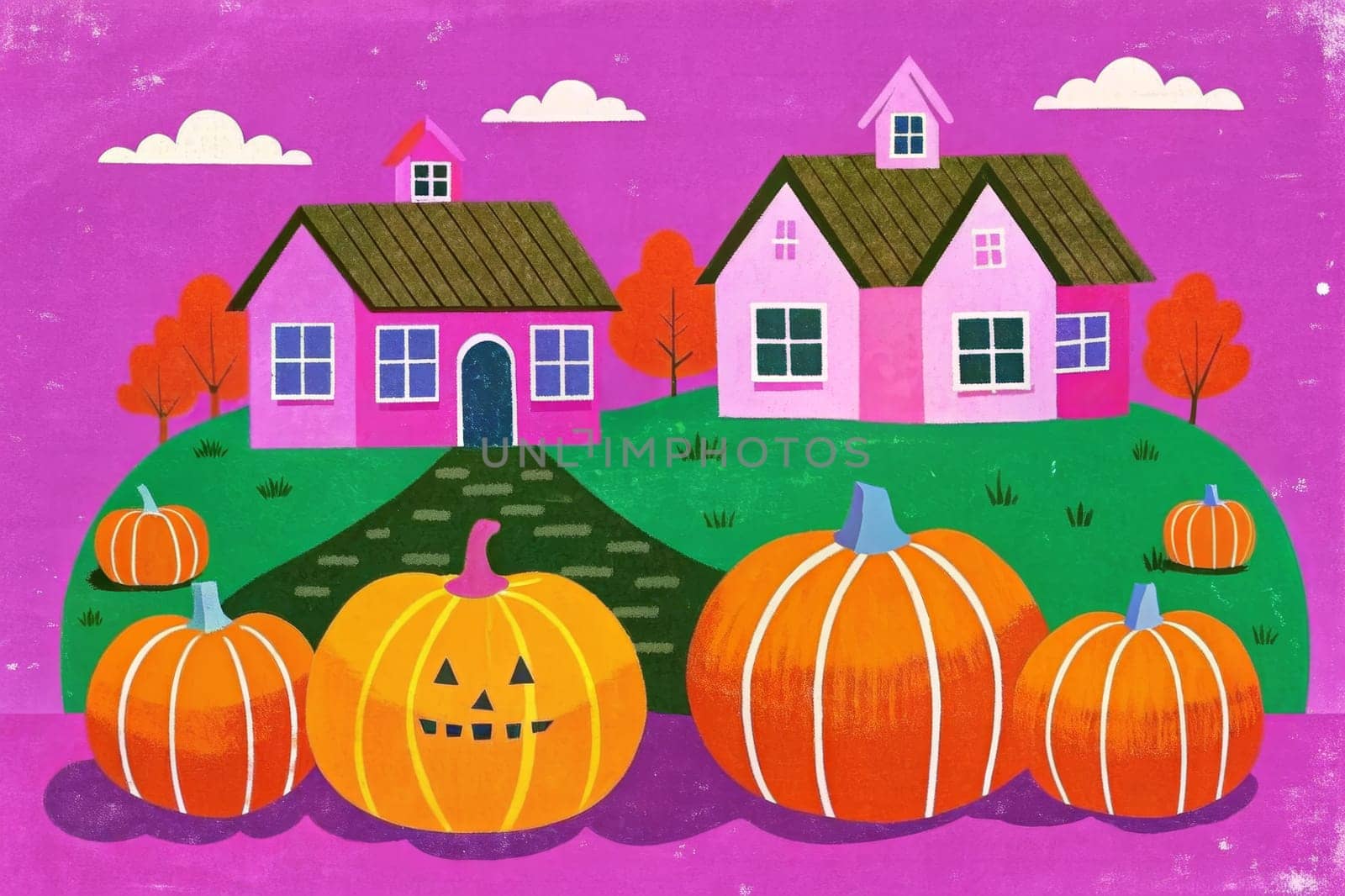 A quaint schoolhouse sits on a hillside amidst a vibrant orange sky. A row of large pumpkins sits in front of the building, marking the beginning of a harvest season in the countryside.