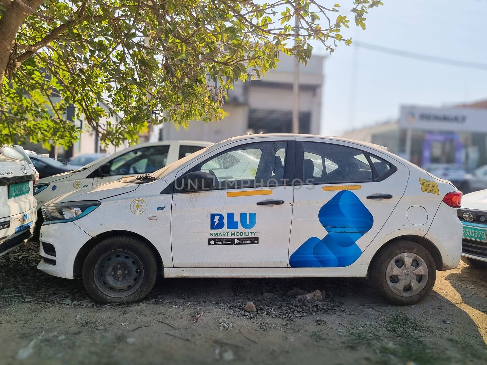 Delhi, India - 9th Mar 2024: Electric EV cars from popular ride haling online app Blusmart Blu standing in tree shade