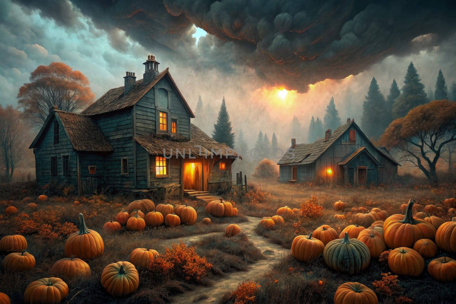 A pair of rustic homes stand side-by-side, bathed in the warm glow of twilight, nestled amidst a sprawling field of pumpkins. The sky is painted in hues of orange and purple, as clouds drift majestically overhead, casting long shadows across the landscape.