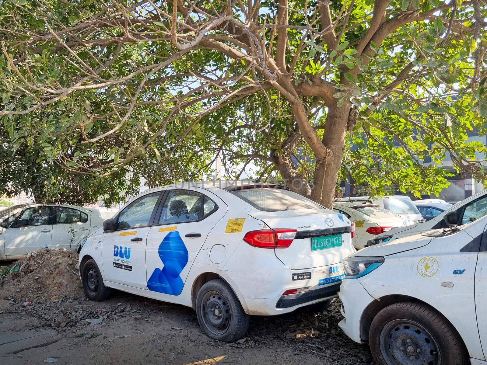 Delhi, India - 9th Mar 2024: Electric EV cars from popular ride haling online app Blusmart Blu standing in tree shade