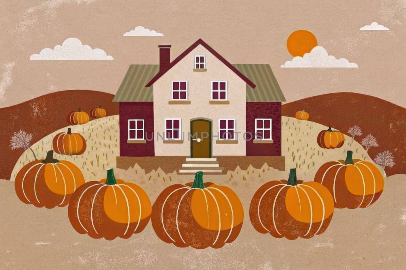 A stylized illustration depicting a quaint farmhouse nestled in a field of plump pumpkins. The warm hues of fall foliage and a bright orange sun create a cozy atmosphere.