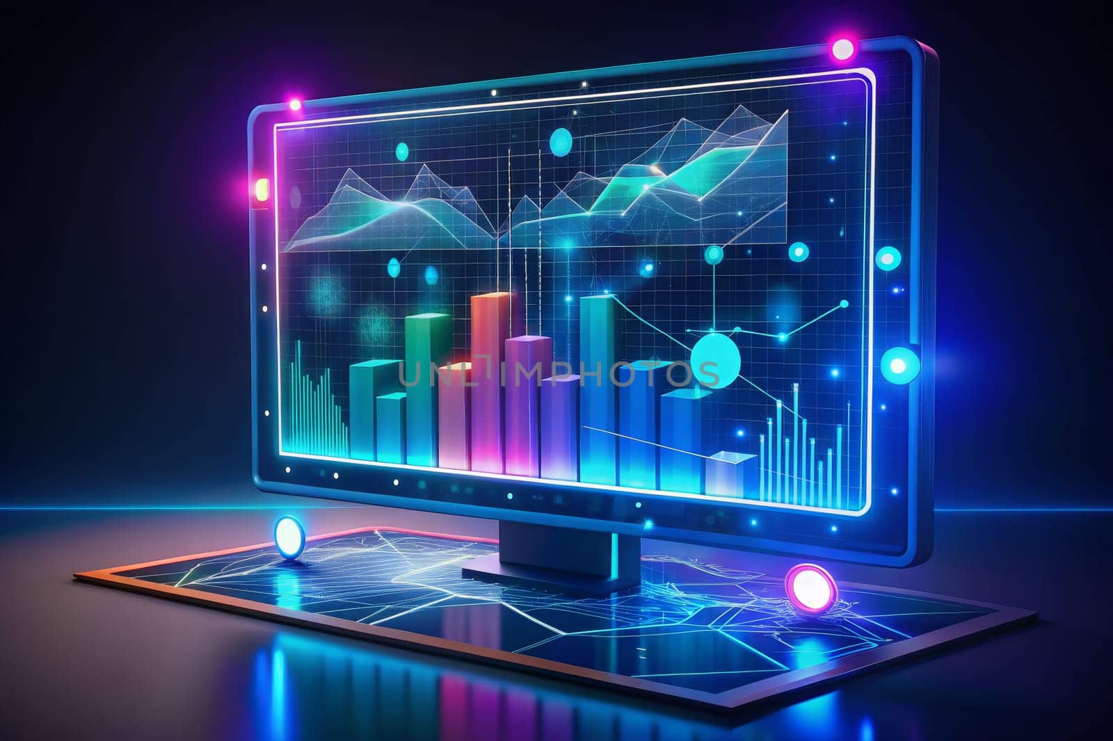 A computer monitor sits on a futuristic, neon-lit surface, displaying a digital dashboard with bright pink and blue graphs charting a positive upward trend.