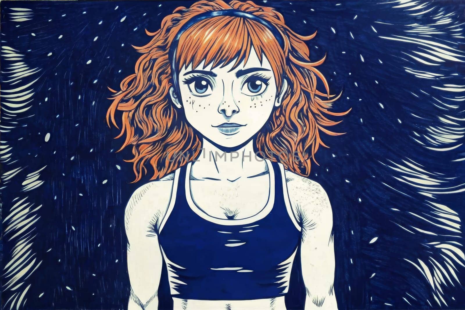 A hand-drawn illustration depicting a female boxer in a green tank top and pink shorts, standing with a fierce gaze in a dark, starlit setting. The illustration captures the intensity and determination of the fighter, emphasizing her strength and resilience.
