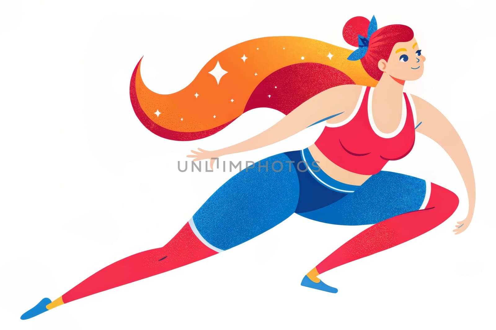 An illustration of a woman with long, flowing red hair wearing a red and blue workout outfit, stretching in a lunge pose, with a smile on her face.