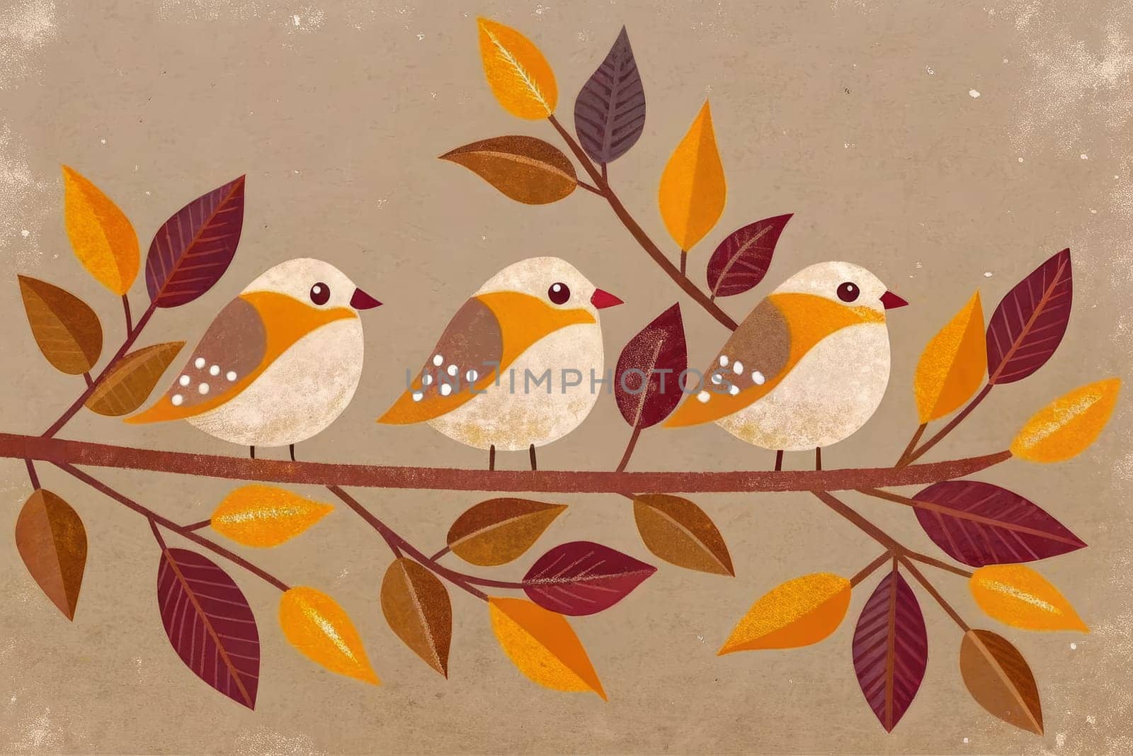 A digital illustration depicting four birds perched on a branch, surrounded by colorful autumn leaves. The birds are painted in a simple, stylized manner, with white bodies, brown wings, and orange accents. The leaves are in shades of orange, green, and purple, suggesting the changing season. The background is a light brown with scattered white dots.
